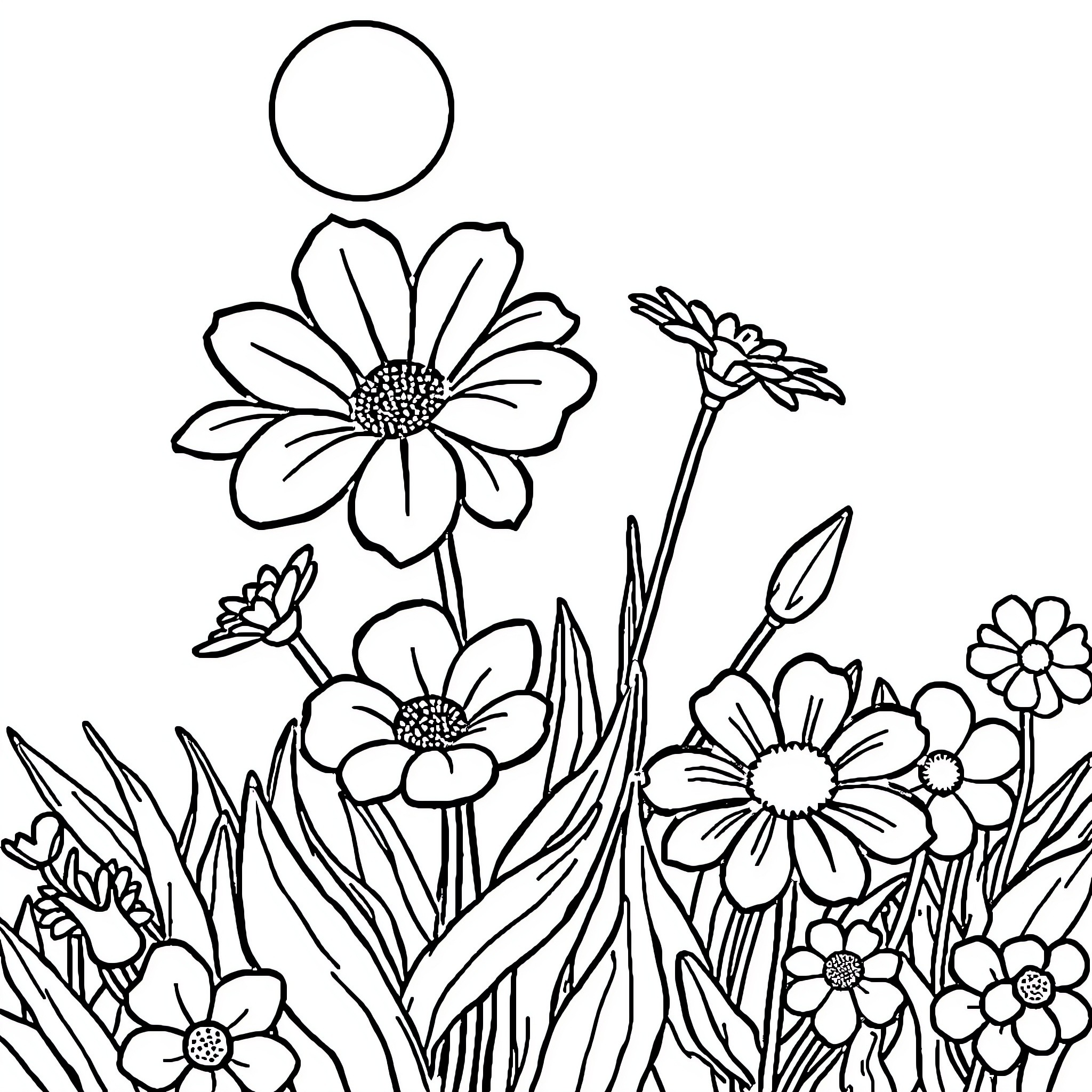 Flower garden with various blooming plants Coloring Page (free black-and-white line drawing printable PDF for all, from beginners to advanced learners, including children, teens, adults, and seniors)