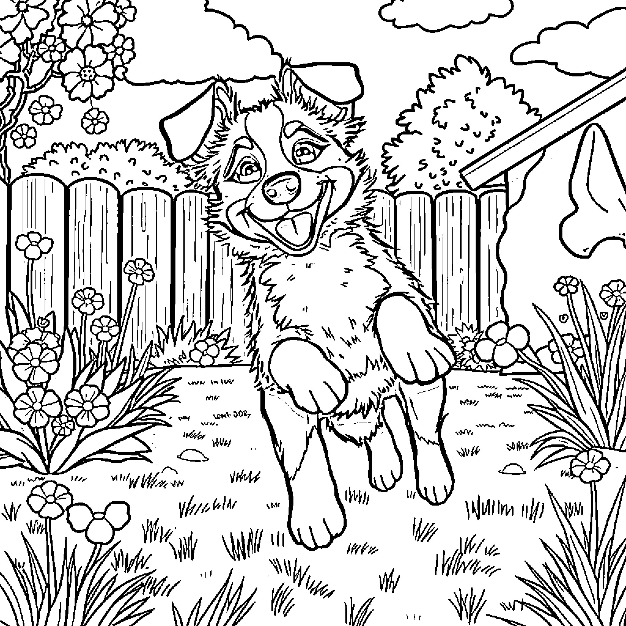 Bluey playing joyfully in a vibrant garden Coloring Page (free black-and-white line drawing printable PDF for all, from beginners to advanced learners, including children, teens, adults, and seniors)