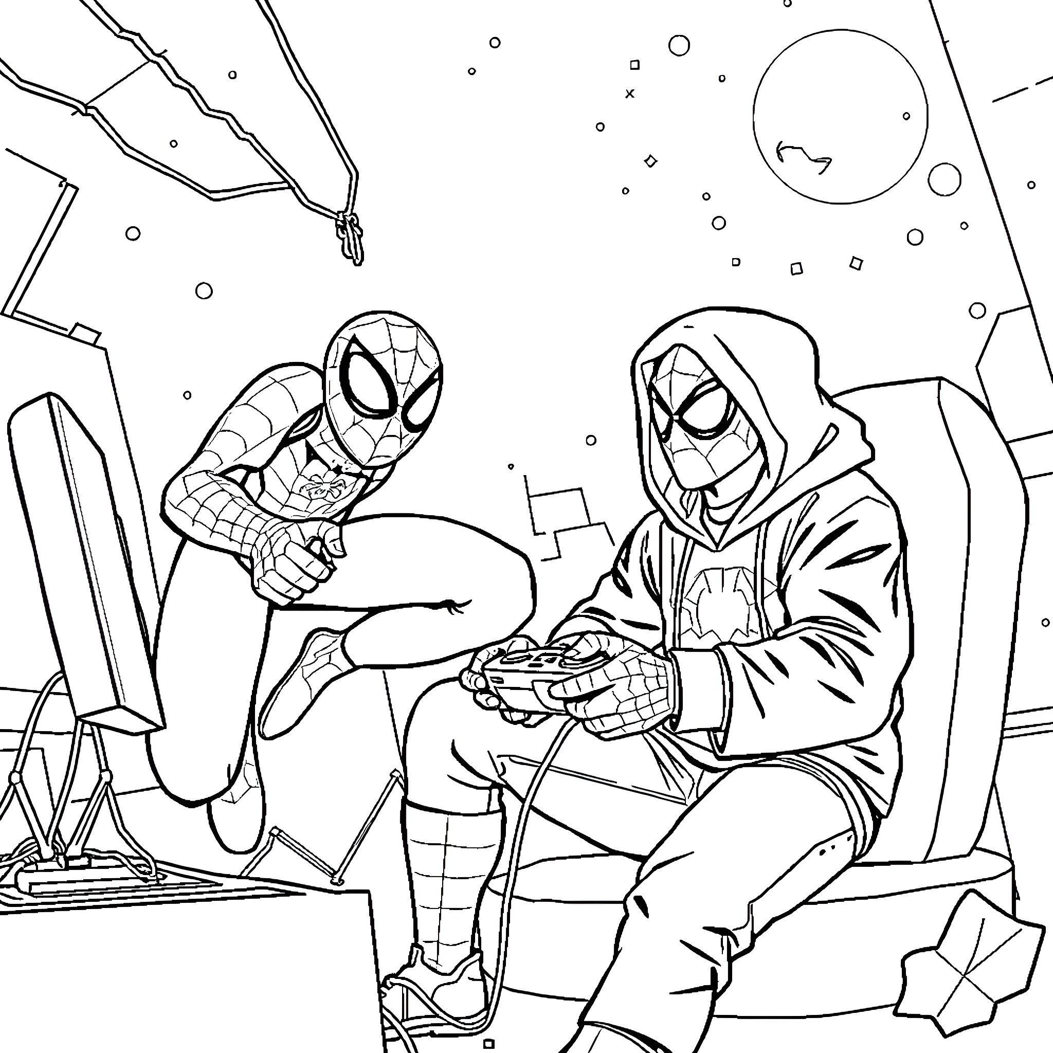 Spiderman helping a mysterious hooded figure with a computer Coloring Page (free black-and-white line drawing printable PDF for all, from beginners to advanced learners, including children, teens, adults, and seniors)