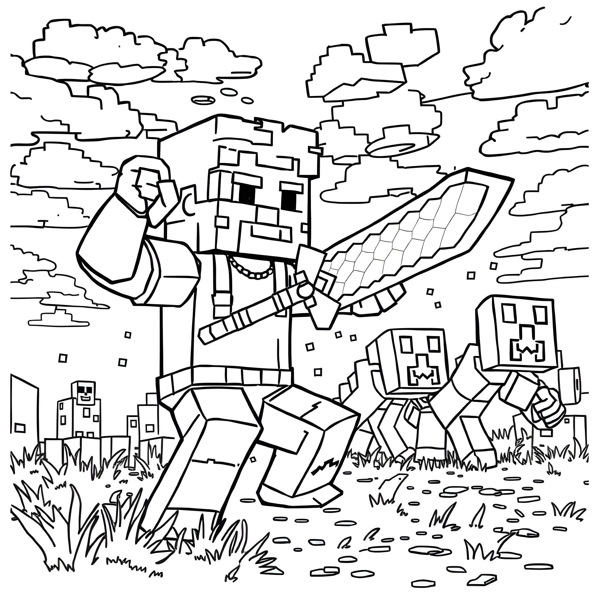 Steve exploring the blocky world with companions Coloring Page (free black-and-white line drawing printable PDF for all, from beginners to advanced learners, including children, teens, adults, and seniors)