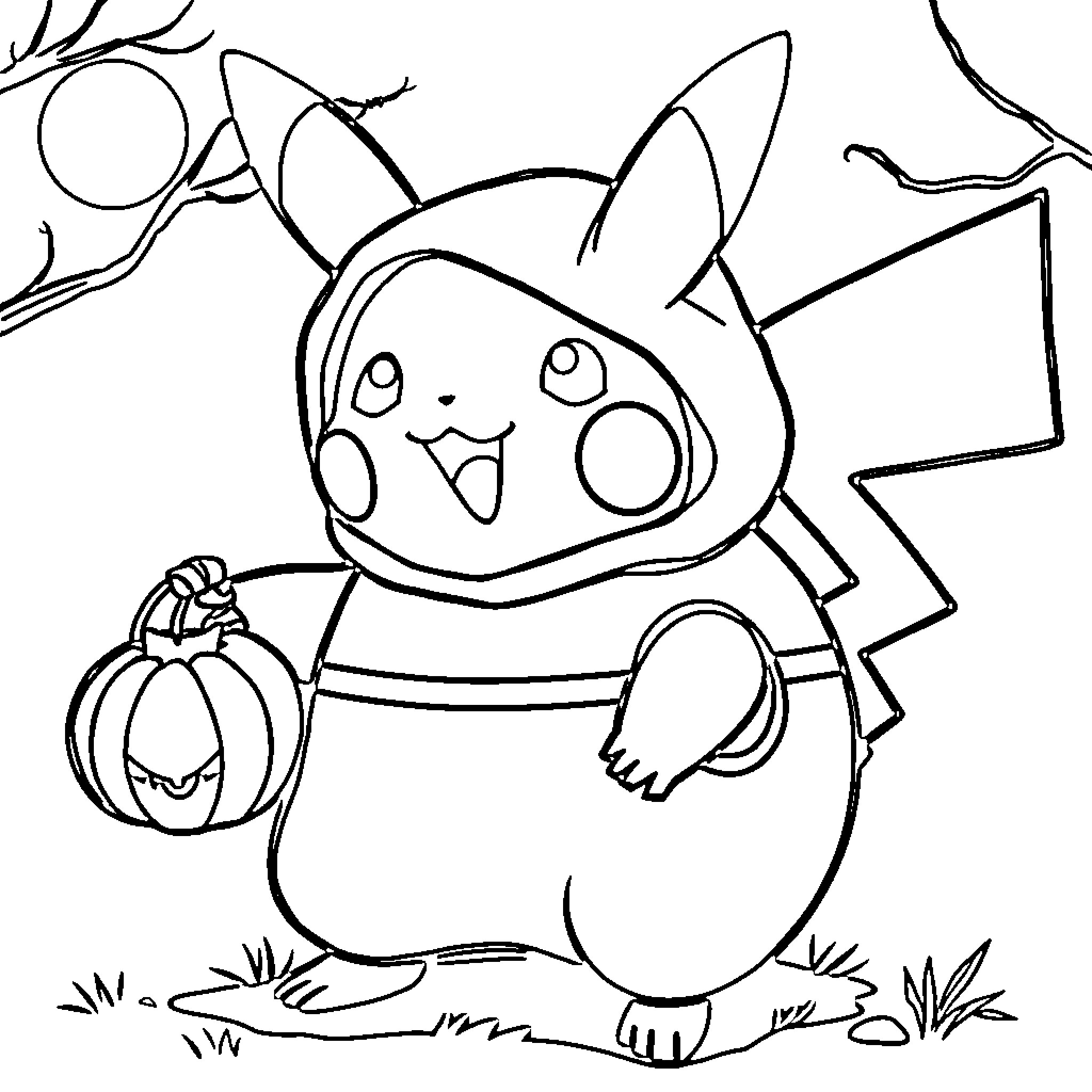 Pikachu holding a pumpkin in a whimsical scene Coloring Page (free black-and-white line drawing printable PDF for all, from beginners to advanced learners, including children, teens, adults, and seniors)