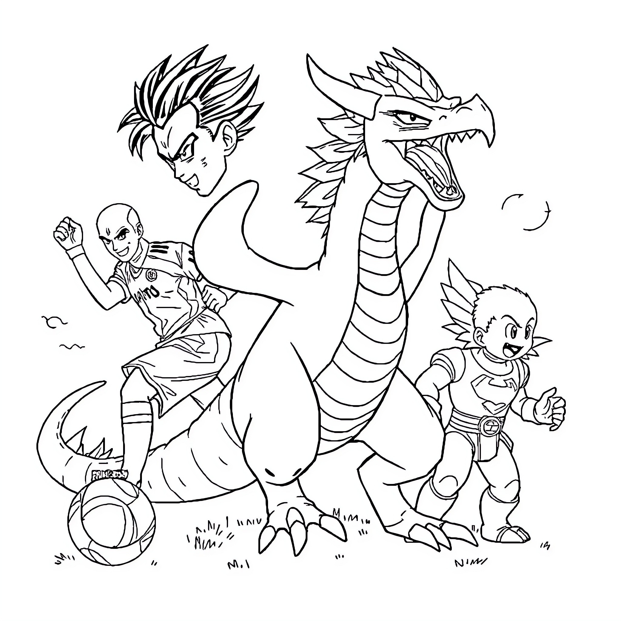 Video Game and Anime Characters in Action Poses Coloring Page (free black-and-white line drawing printable PDF for all, from beginners to advanced learners, including children, teens, adults, and seniors)