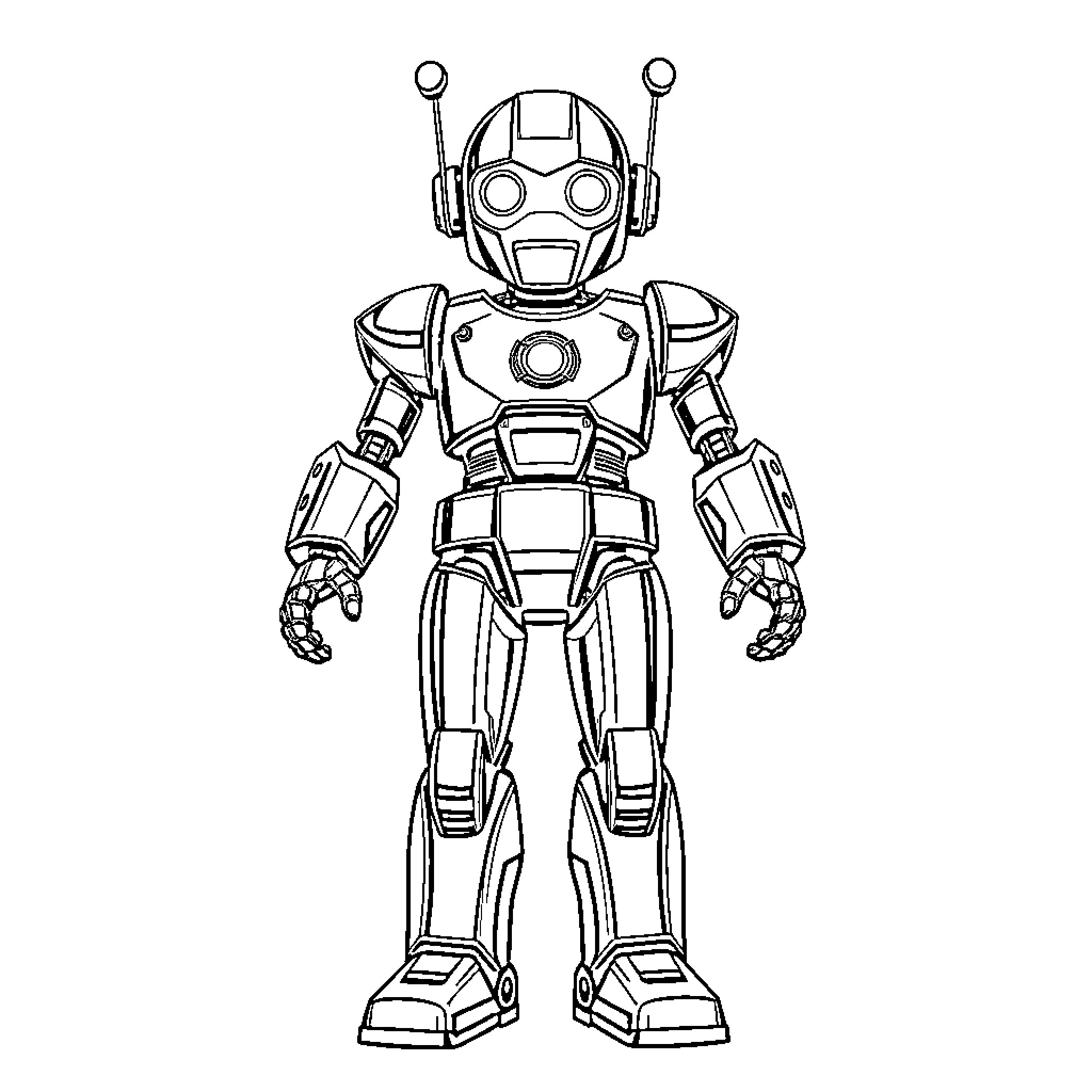 Robot Warrior Standing Tall in Futuristic Attire Coloring Page (free black-and-white line drawing printable PDF for all, from beginners to advanced learners, including children, teens, adults, and seniors)