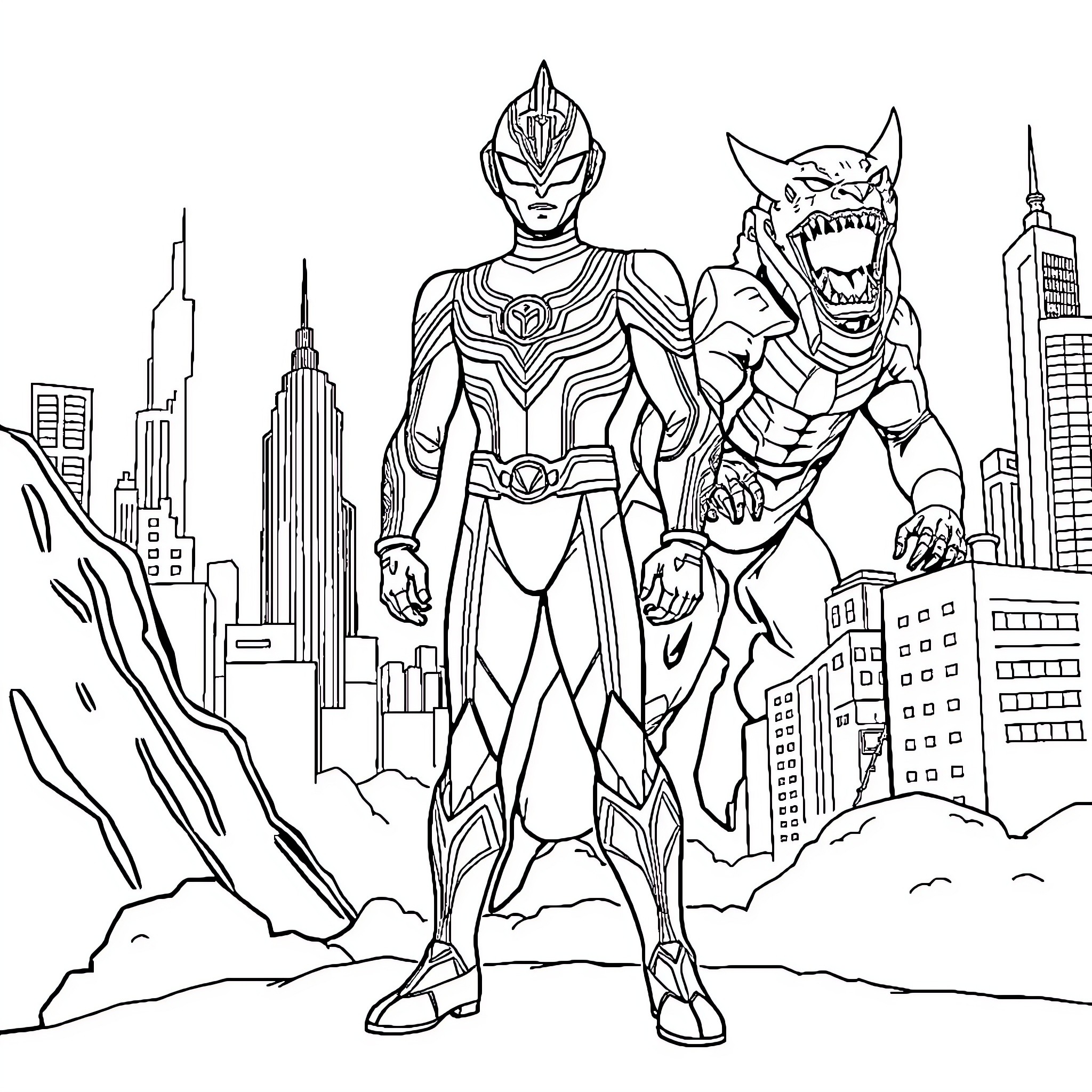 Ultraman defending the city from a giant monster Coloring Page (free black-and-white line drawing printable PDF for all, from beginners to advanced learners, including children, teens, adults, and seniors)