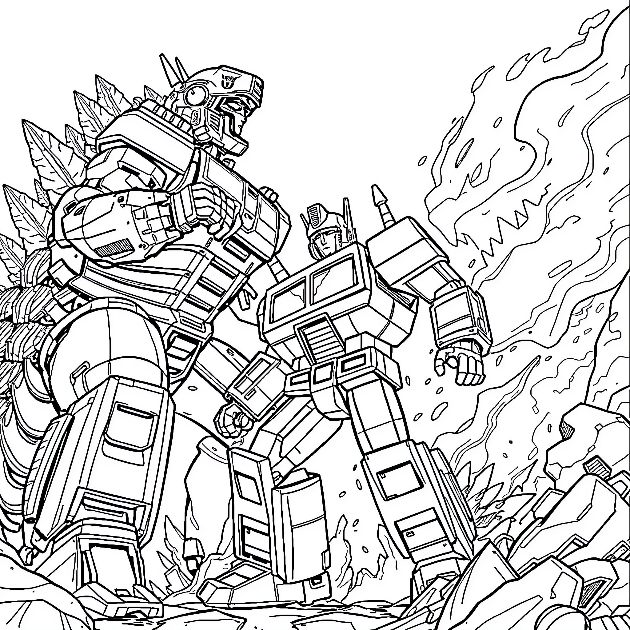 Optimus Prime leading the charge into battle Coloring Page (free black-and-white line drawing printable PDF for all, from beginners to advanced learners, including children, teens, adults, and seniors)