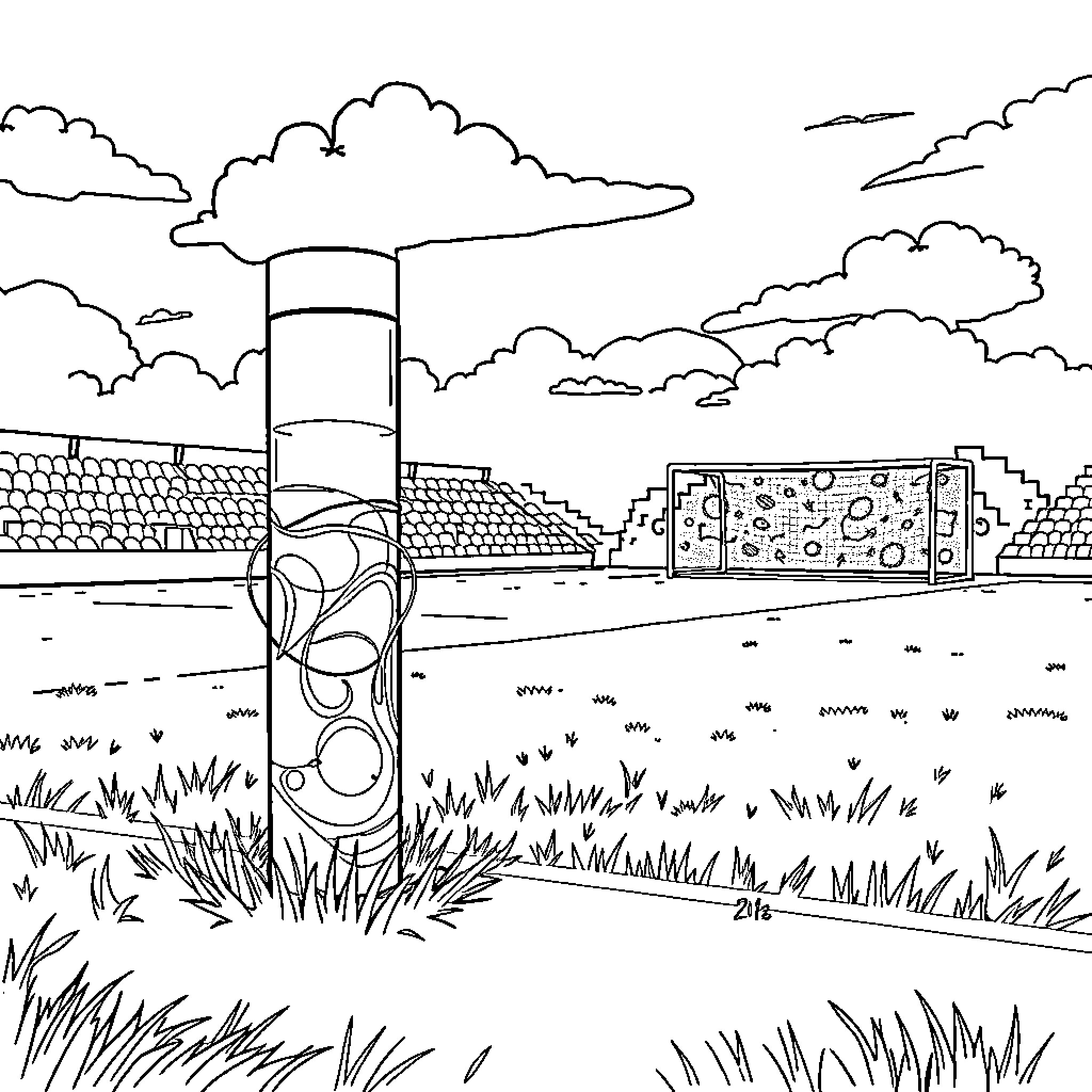 Water Pipe Amid Grassy Landscape with Clouds Coloring Page (free black-and-white line drawing printable PDF for all, from beginners to advanced learners, including children, teens, adults, and seniors)