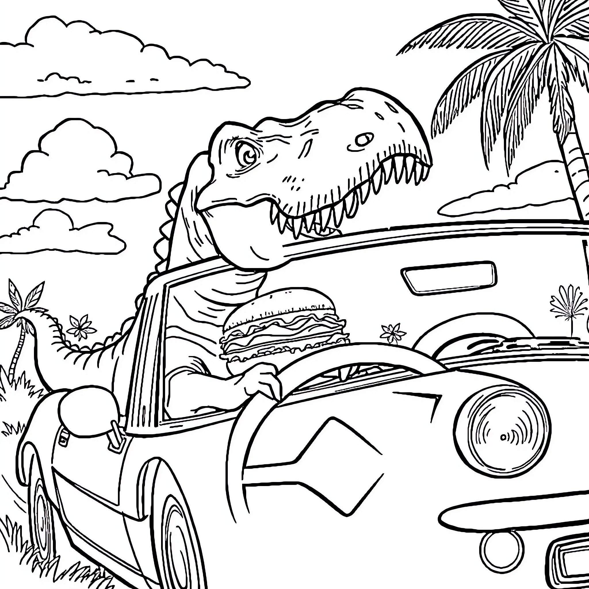 Dinosaur driving a car with a burger Coloring Page (free black-and-white line drawing printable PDF for all, from beginners to advanced learners, including children, teens, adults, and seniors)