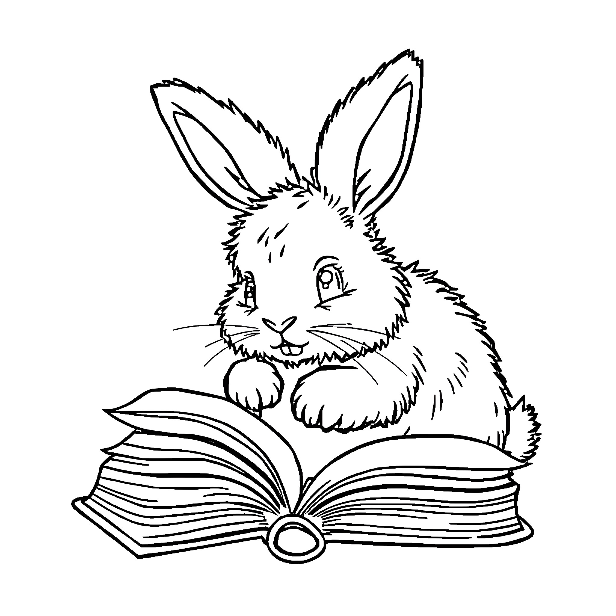 Rabbit reading intently from a book Coloring Page (free black-and-white line drawing printable PDF for all, from beginners to advanced learners, including children, teens, adults, and seniors)