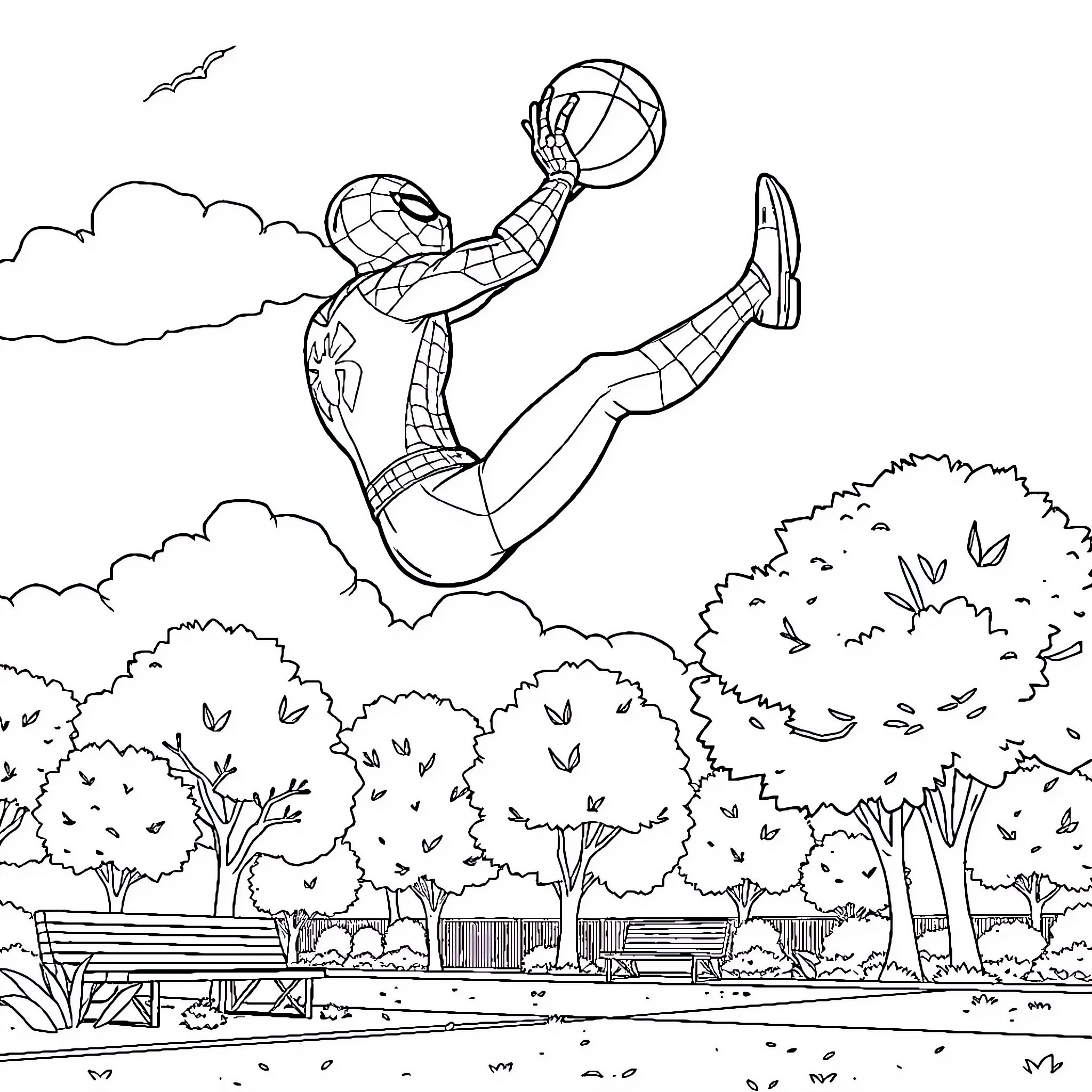 Spiderman swinging through the city skyline Coloring Page (free black-and-white line drawing printable PDF for all, from beginners to advanced learners, including children, teens, adults, and seniors)
