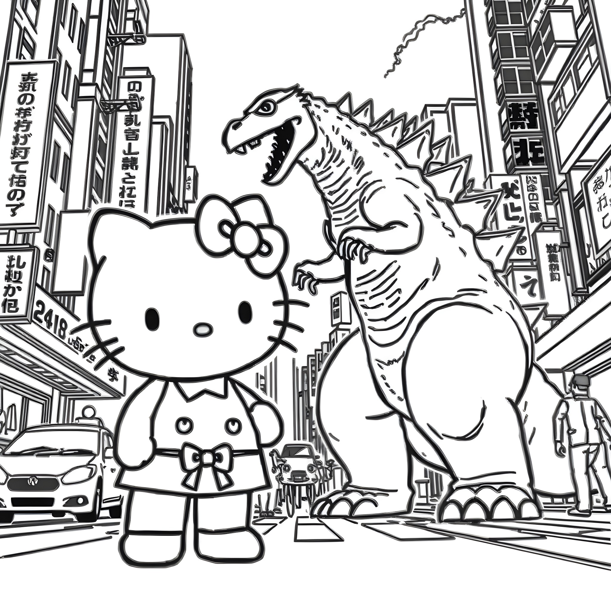 Hello Kitty Encounters a Towering Dinosaur in the City Coloring Page (free black-and-white line drawing printable PDF for all, from beginners to advanced learners, including children, teens, adults, and seniors)