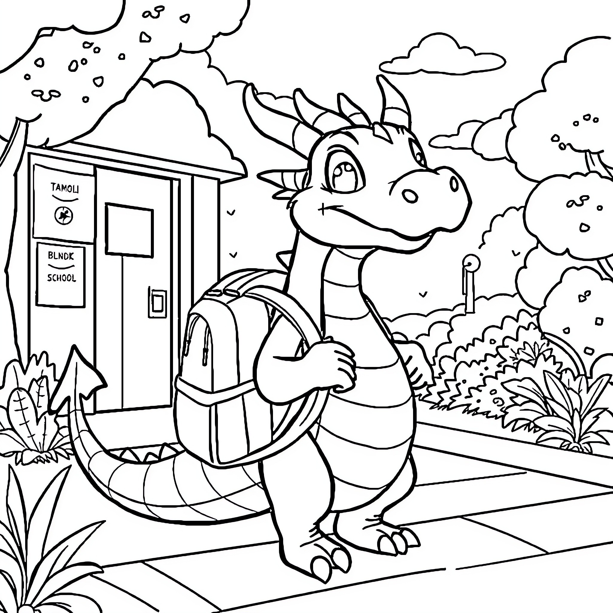 Dragon Student Going to School with Backpack Coloring Page (free black-and-white line drawing printable PDF for all, from beginners to advanced learners, including children, teens, adults, and seniors)