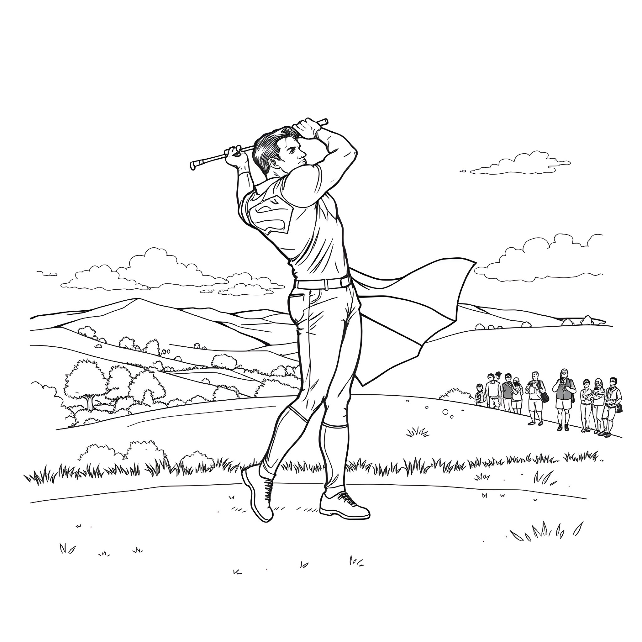Superman practicing golf in the countryside Coloring Page (free black-and-white line drawing printable PDF for all, from beginners to advanced learners, including children, teens, adults, and seniors)