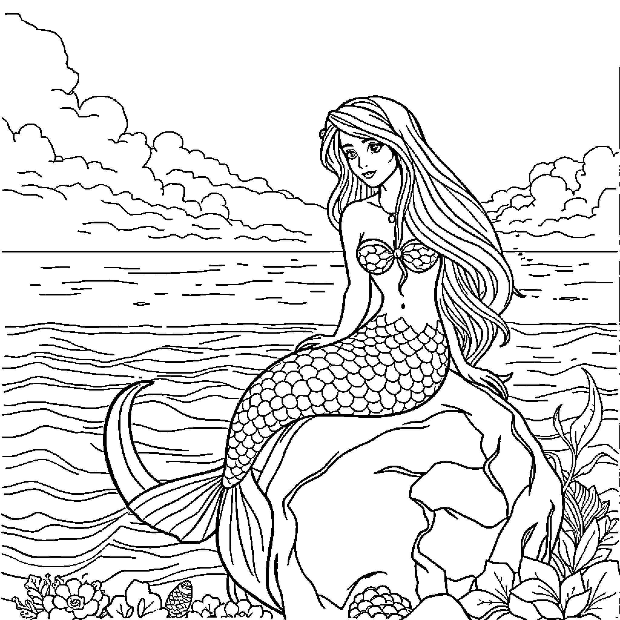 Mermaid beauty sitting in the ocean waves Coloring Page (free black-and-white line drawing printable PDF for all, from beginners to advanced learners, including children, teens, adults, and seniors)