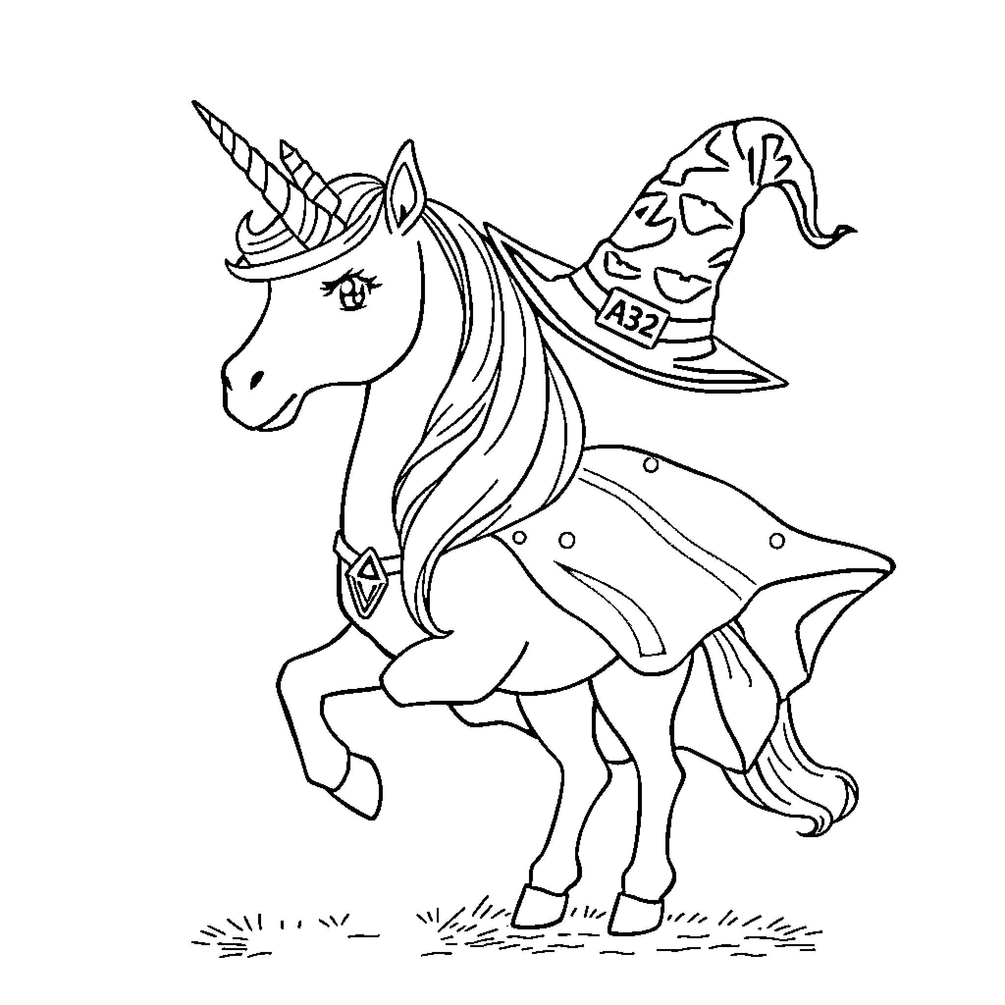 Unicorn in Magical Attire and Pose Coloring Page (free black-and-white line drawing printable PDF for all, from beginners to advanced learners, including children, teens, adults, and seniors)