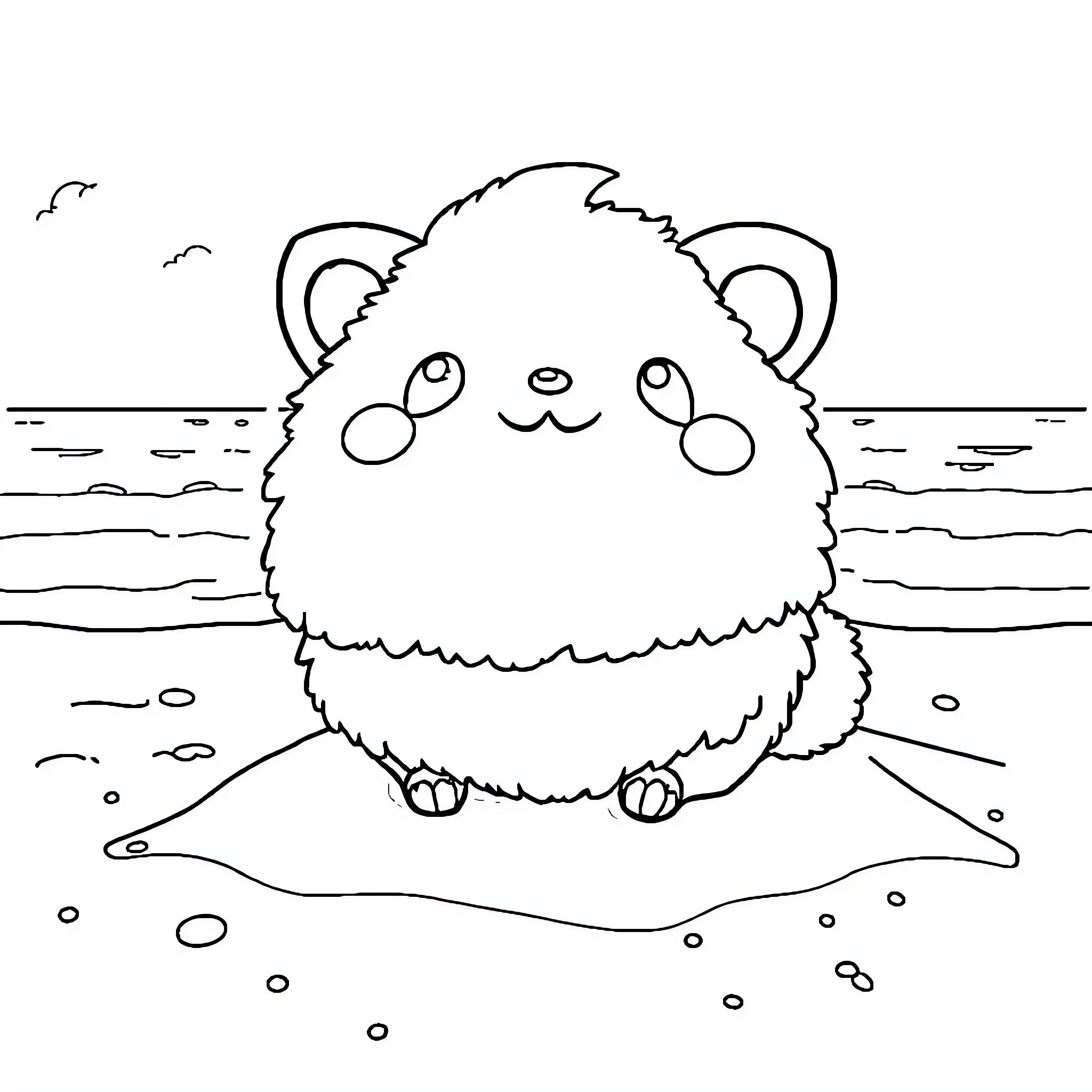 Pompompurin enjoying a day at the beach Coloring Page (free black-and-white line drawing printable PDF for all, from beginners to advanced learners, including children, teens, adults, and seniors)