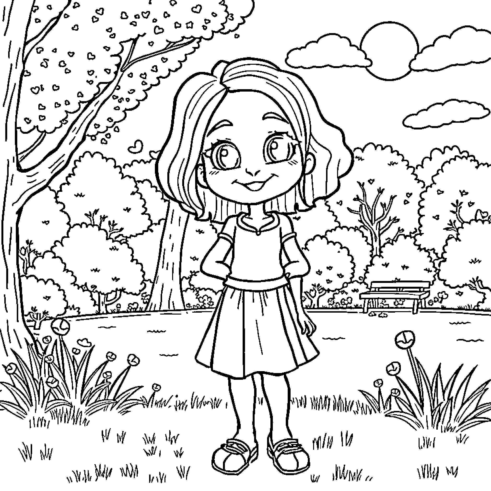 Zoë's Joyful Outdoor Adventure Coloring Page (free black-and-white line drawing printable PDF for all, from beginners to advanced learners, including children, teens, adults, and seniors)