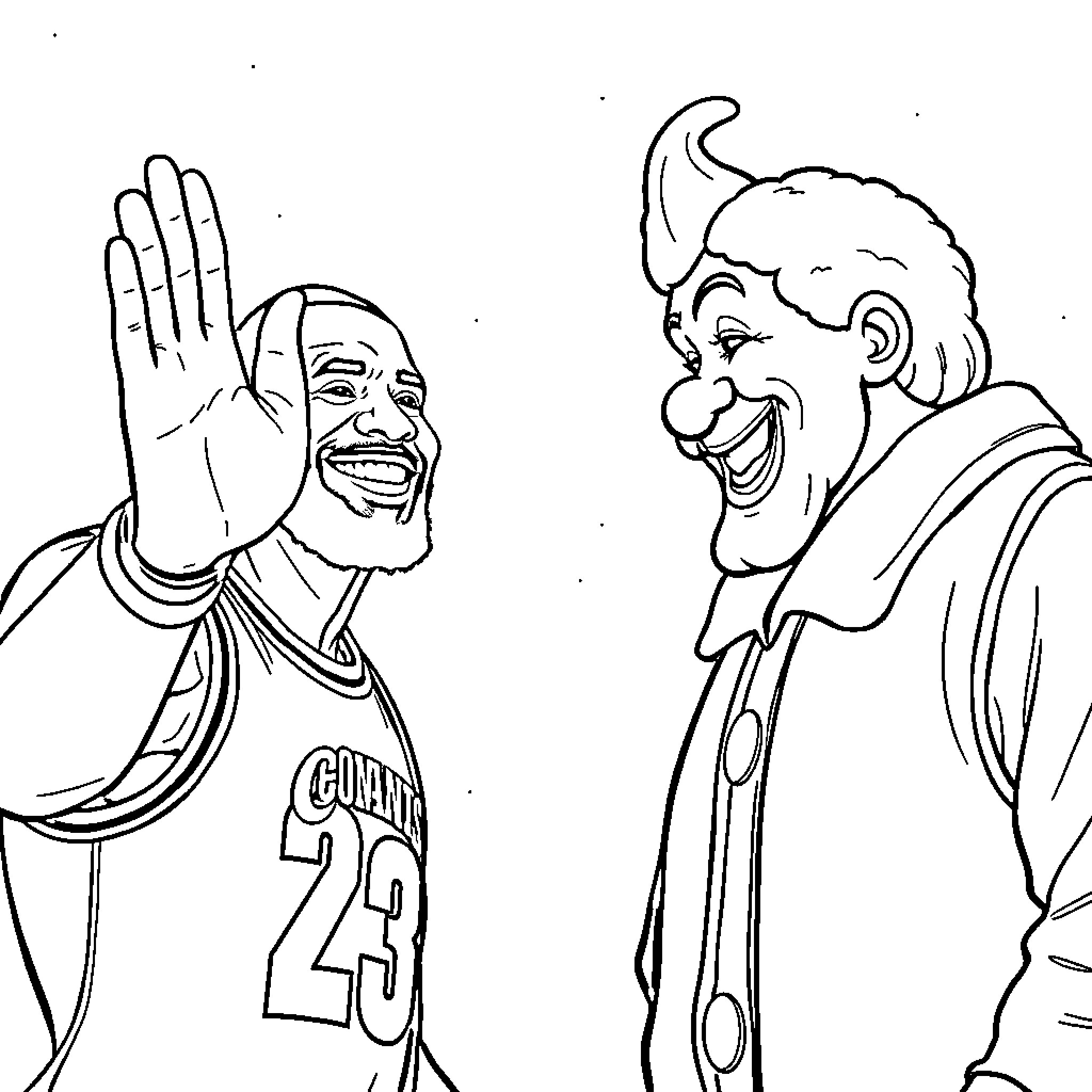 LeBron James Celebrates with a Clown Coloring Page (free black-and-white line drawing printable PDF for all, from beginners to advanced learners, including children, teens, adults, and seniors)