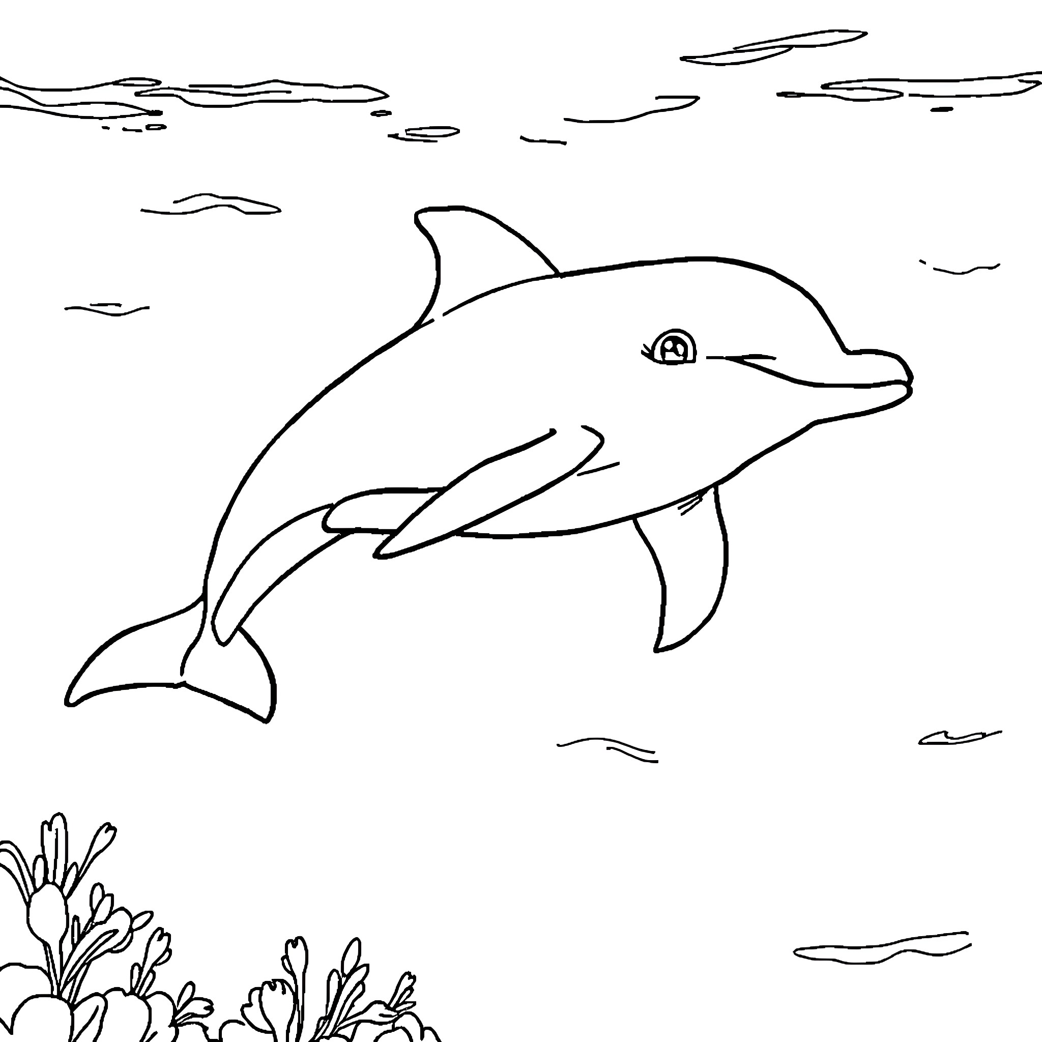 Dolphin swimming joyfully in the sea Coloring Page (free black-and-white line drawing printable PDF for all, from beginners to advanced learners, including children, teens, adults, and seniors)