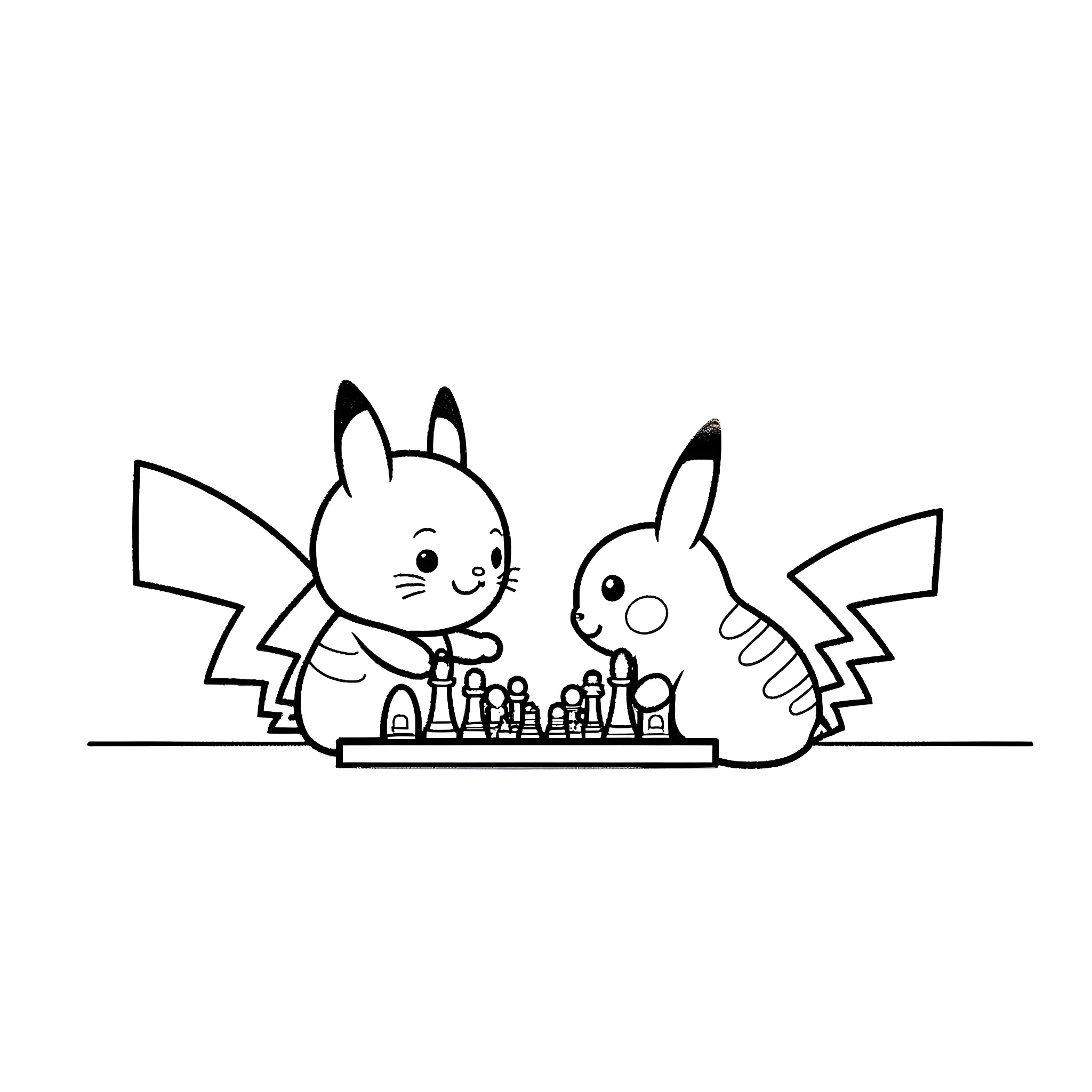 Hello Kitty playing chess with another bunny Coloring Page (free black-and-white line drawing printable PDF for all, from beginners to advanced learners, including children, teens, adults, and seniors)