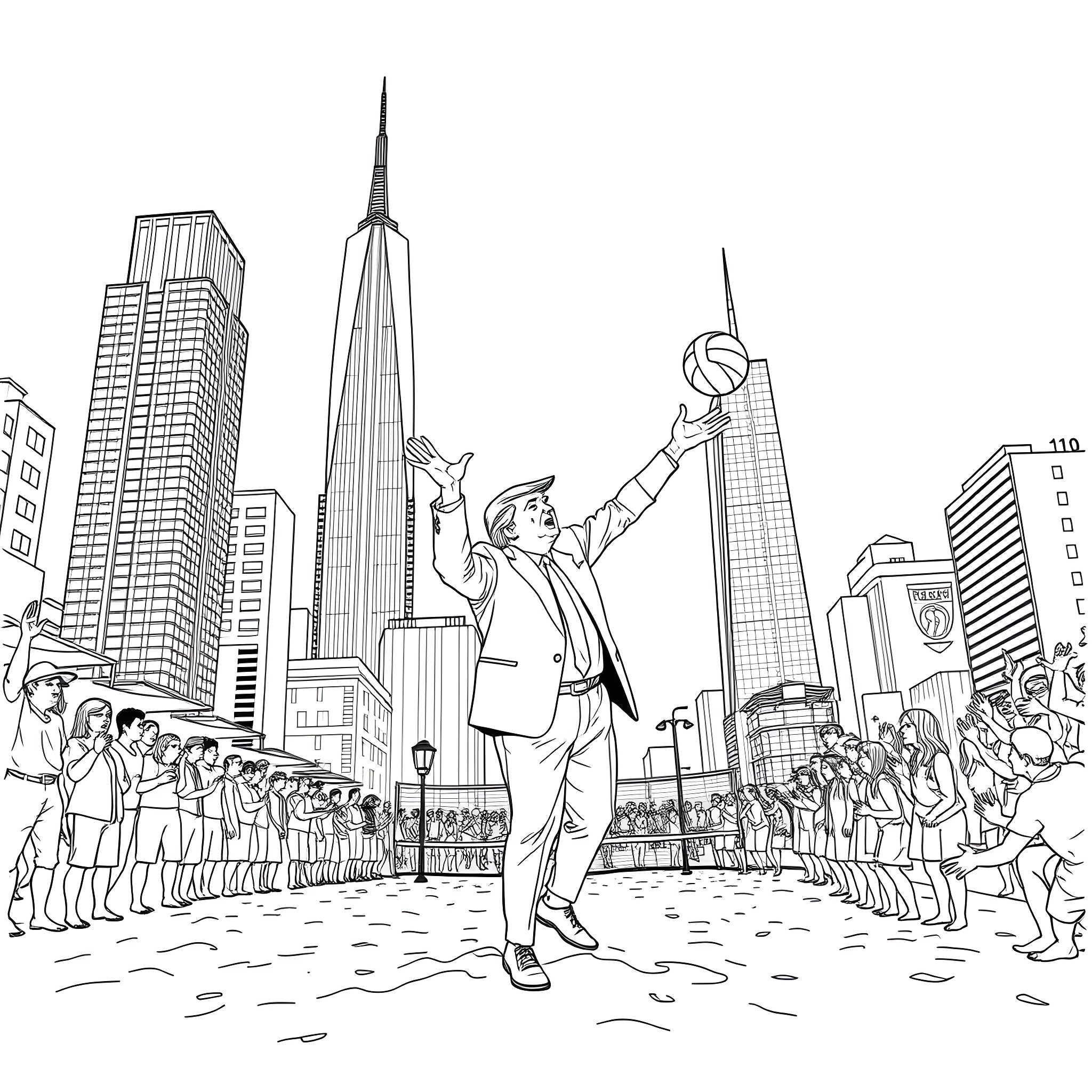 Donald Trump Addressing Supporters in a City Landscape Coloring Page (free black-and-white line drawing printable PDF for all, from beginners to advanced learners, including children, teens, adults, and seniors)
