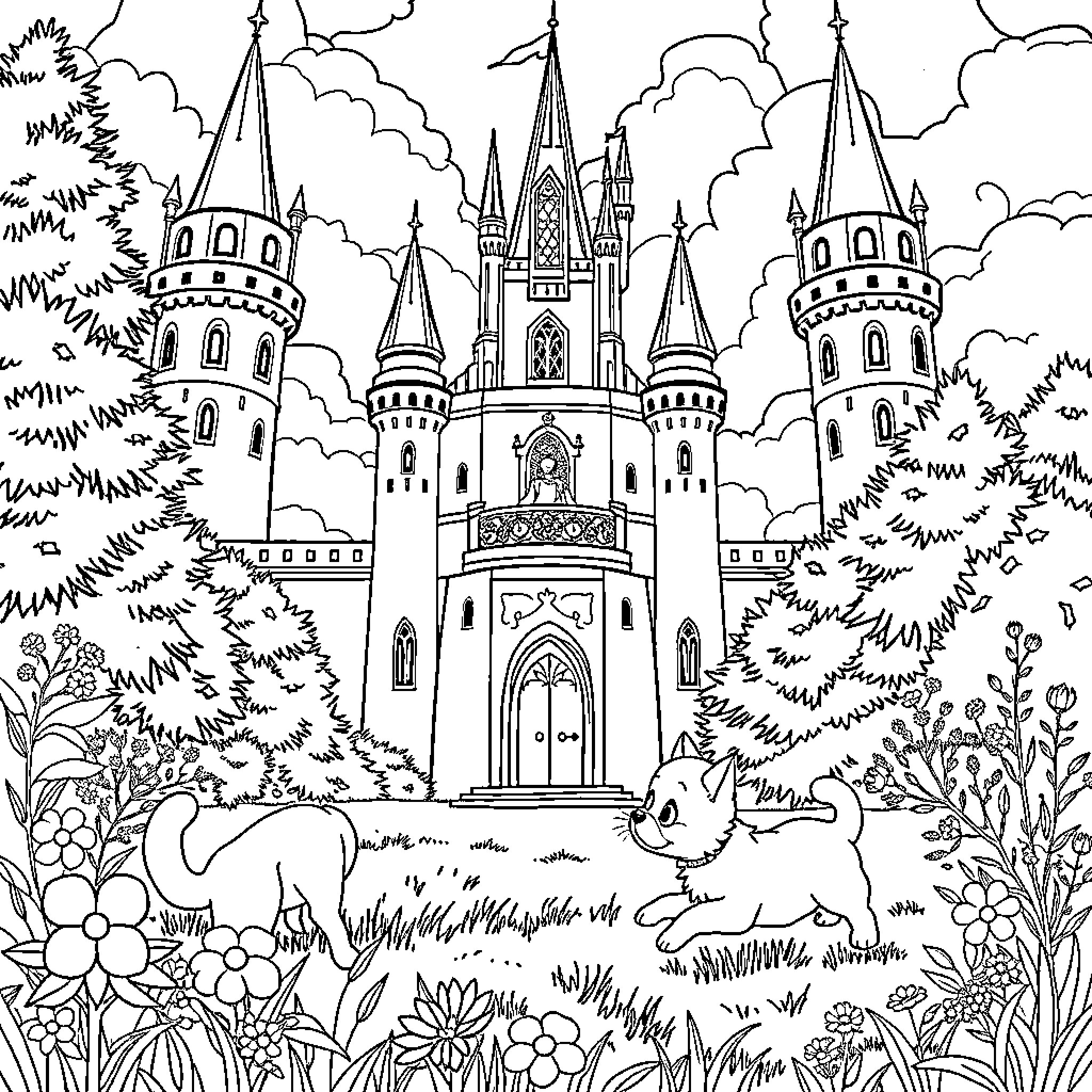 Castle of Enchantment in a Magical Forest Coloring Page (free black-and-white line drawing printable PDF for all, from beginners to advanced learners, including children, teens, adults, and seniors)