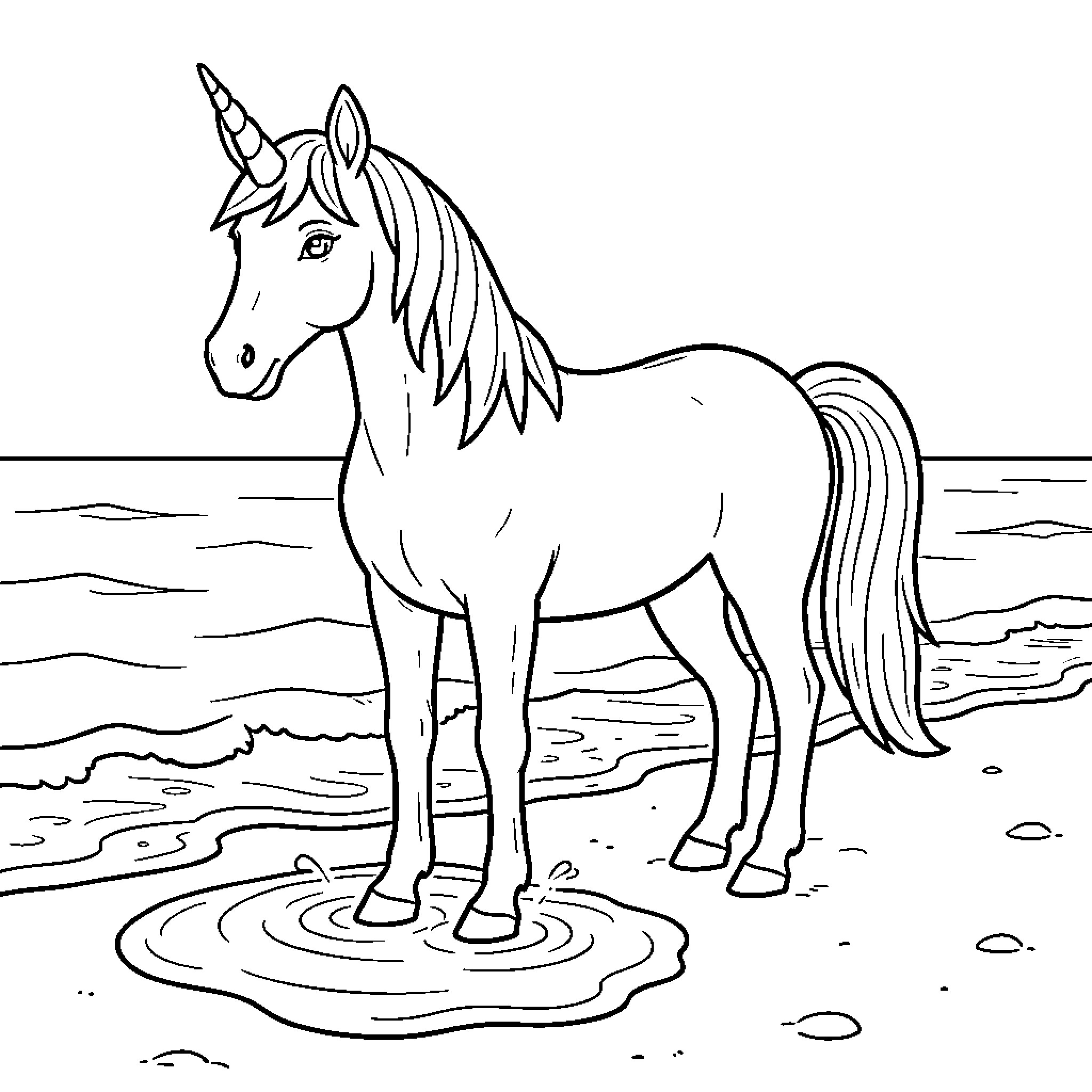 Unicorn standing calmly by the ocean waves Coloring Page (free black-and-white line drawing printable PDF for all, from beginners to advanced learners, including children, teens, adults, and seniors)