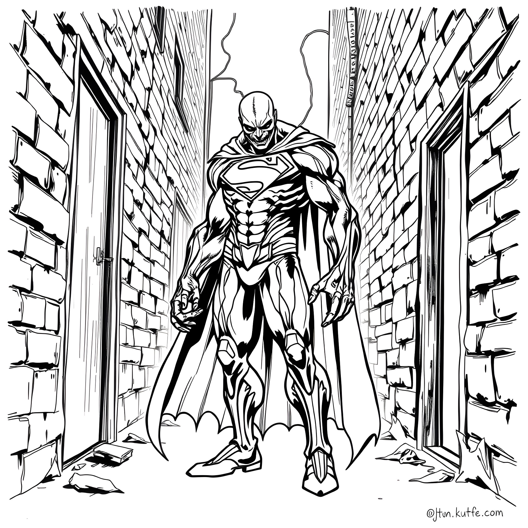 Bizarnage - Superhero in Alley Coloring Page (free black-and-white line drawing printable PDF for all, from beginners to advanced learners, including children, teens, adults, and seniors)