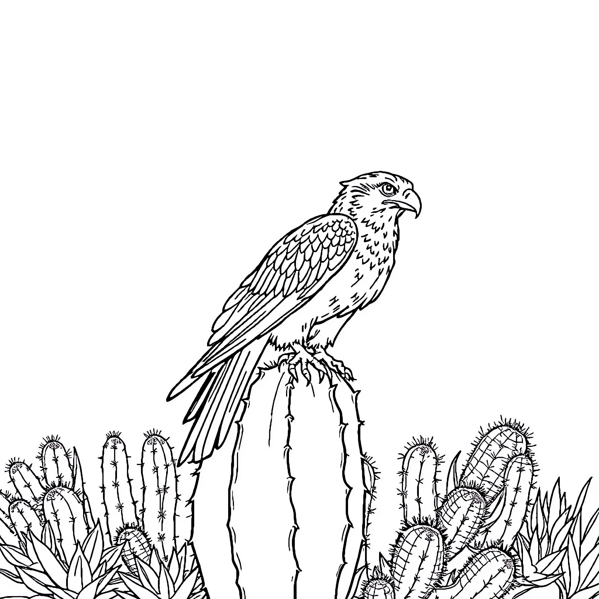 Eagle perched amidst desert cacti and foliage Coloring Page (free black-and-white line drawing printable PDF for all, from beginners to advanced learners, including children, teens, adults, and seniors)