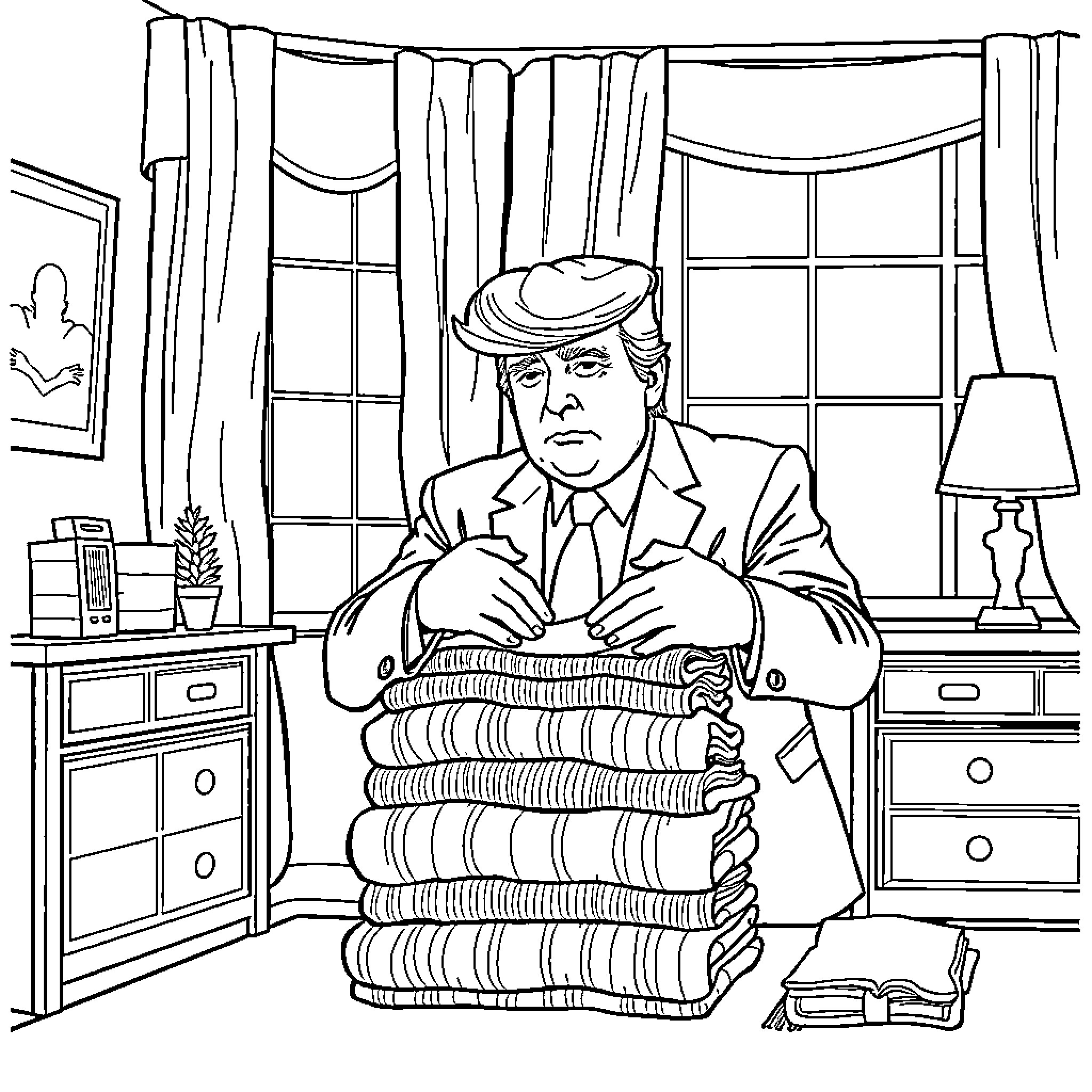 Donald Trump sitting at desk with stacks of papers Coloring Page (free black-and-white line drawing printable PDF for all, from beginners to advanced learners, including children, teens, adults, and seniors)