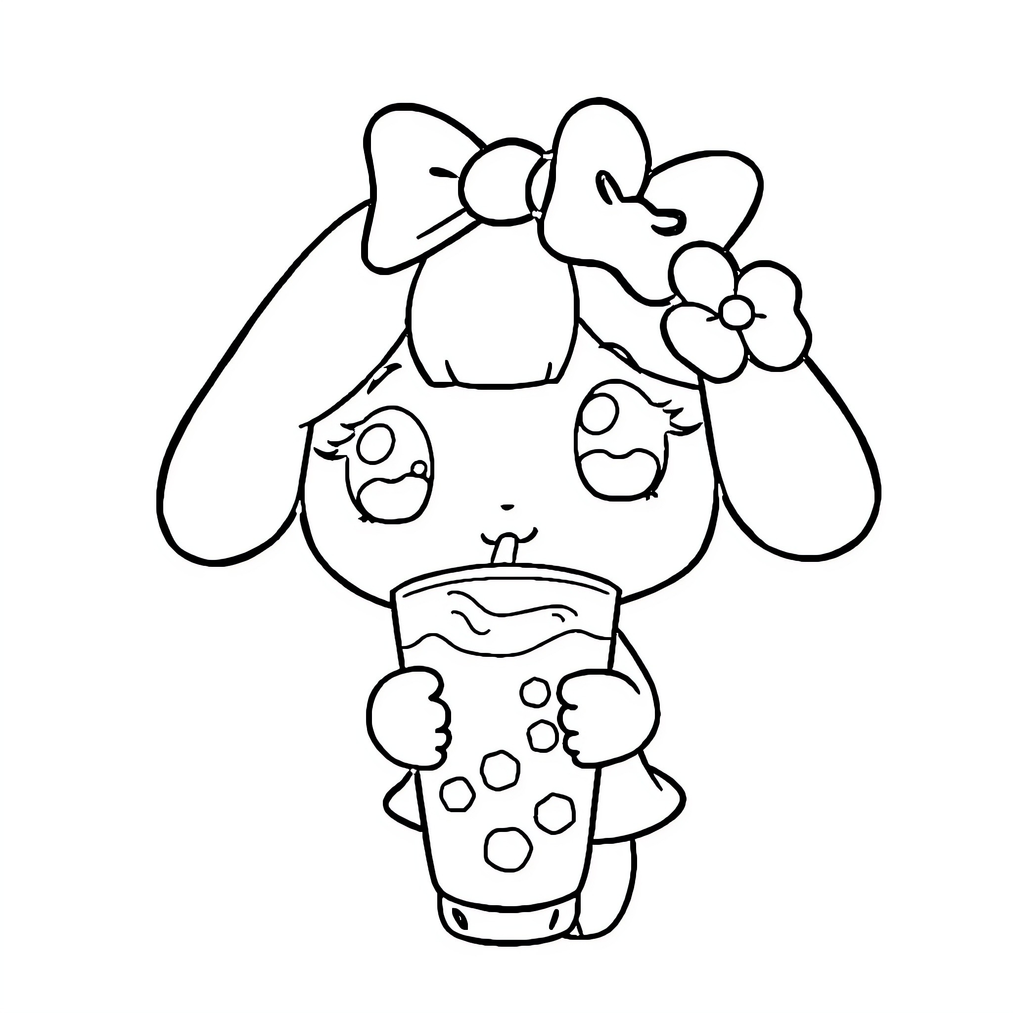 My Melody Holding a Milkshake Coloring Page (free black-and-white line drawing printable PDF for all, from beginners to advanced learners, including children, teens, adults, and seniors)