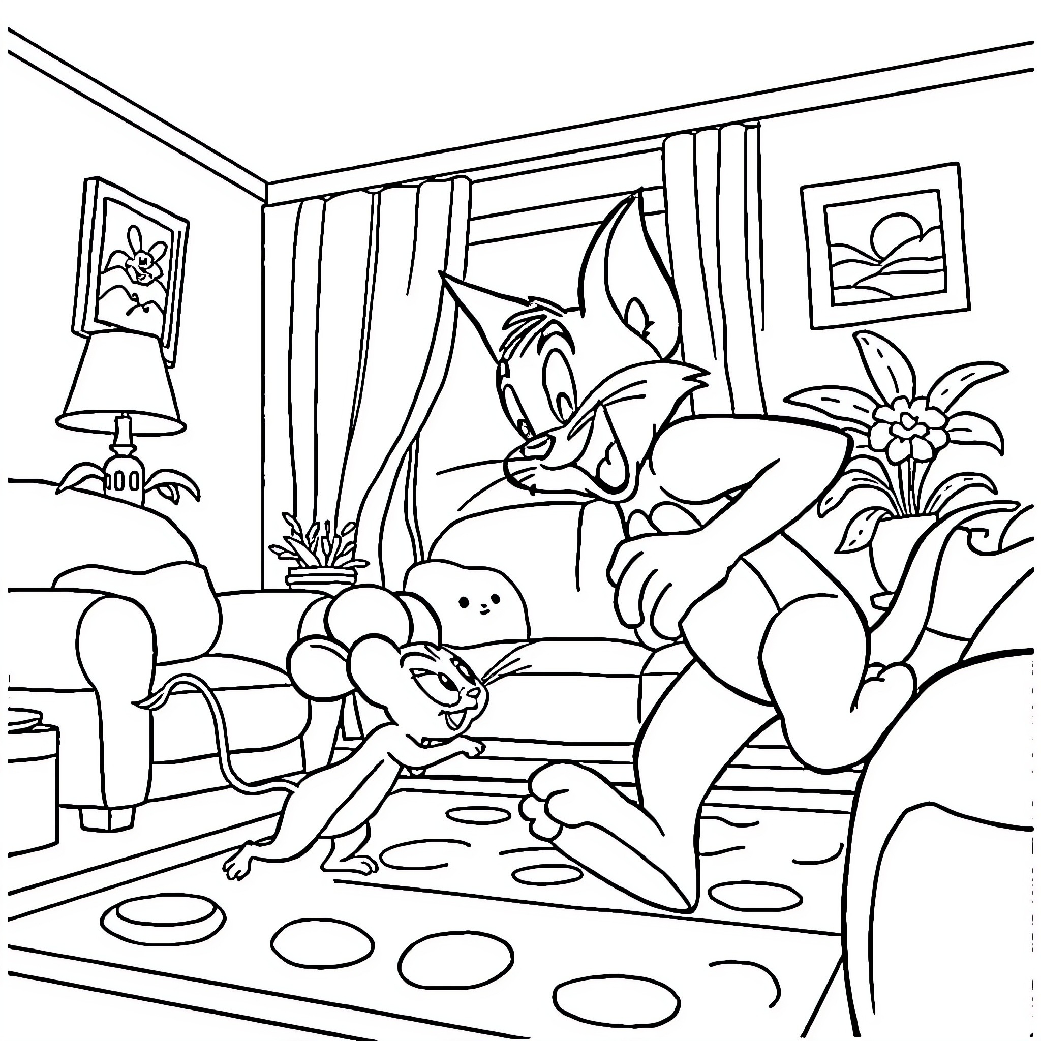 Tom and Jerry's Chaotic Indoor Adventures Coloring Page (free black-and-white line drawing printable PDF for all, from beginners to advanced learners, including children, teens, adults, and seniors)