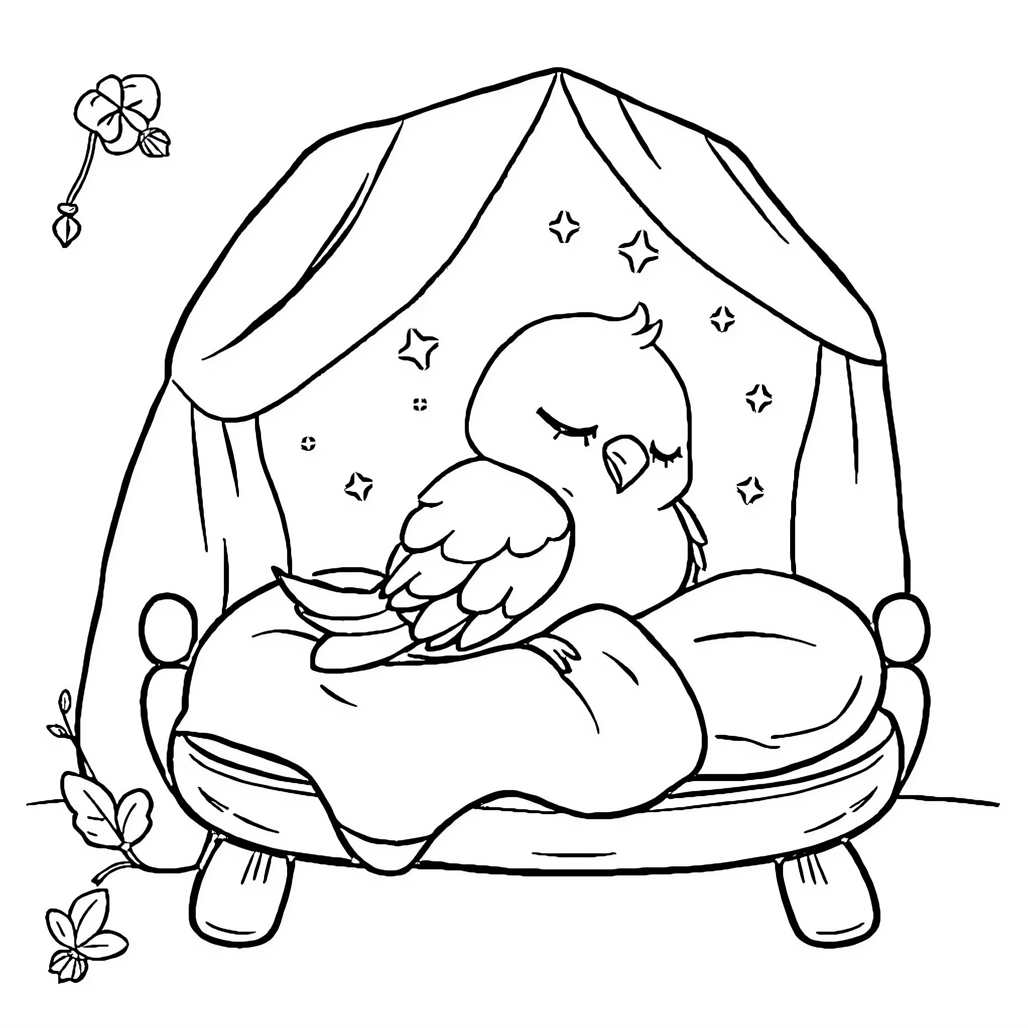 Bird enjoying cozy nap in magical tent Coloring Page (free black-and-white line drawing printable PDF for all, from beginners to advanced learners, including children, teens, adults, and seniors)