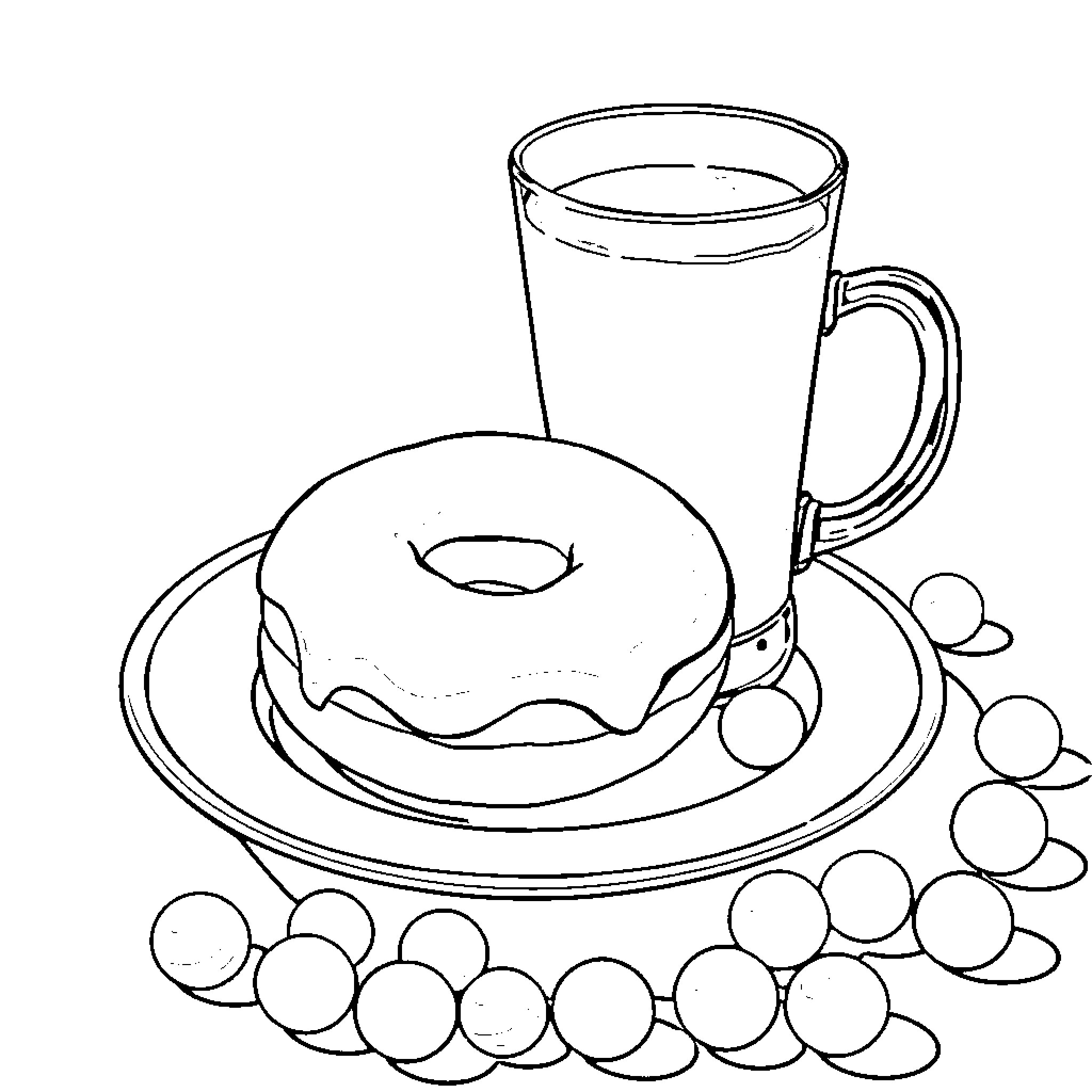 Donut and Beverage on Serving Plate Coloring Page (free black-and-white line drawing printable PDF for all, from beginners to advanced learners, including children, teens, adults, and seniors)