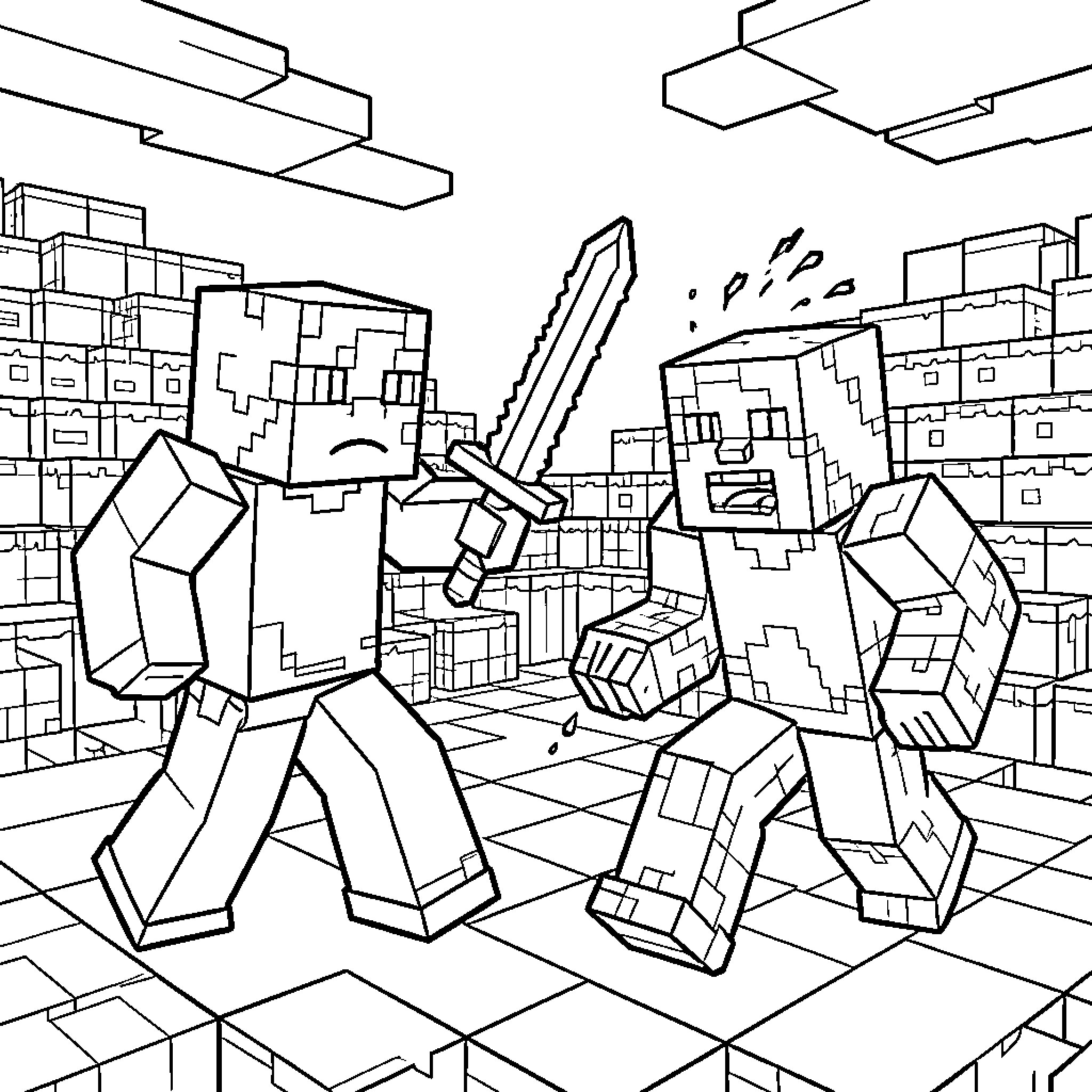 Steve's Curious Exploration of the Blocky Landscape Coloring Page (free black-and-white line drawing printable PDF for all, from beginners to advanced learners, including children, teens, adults, and seniors)