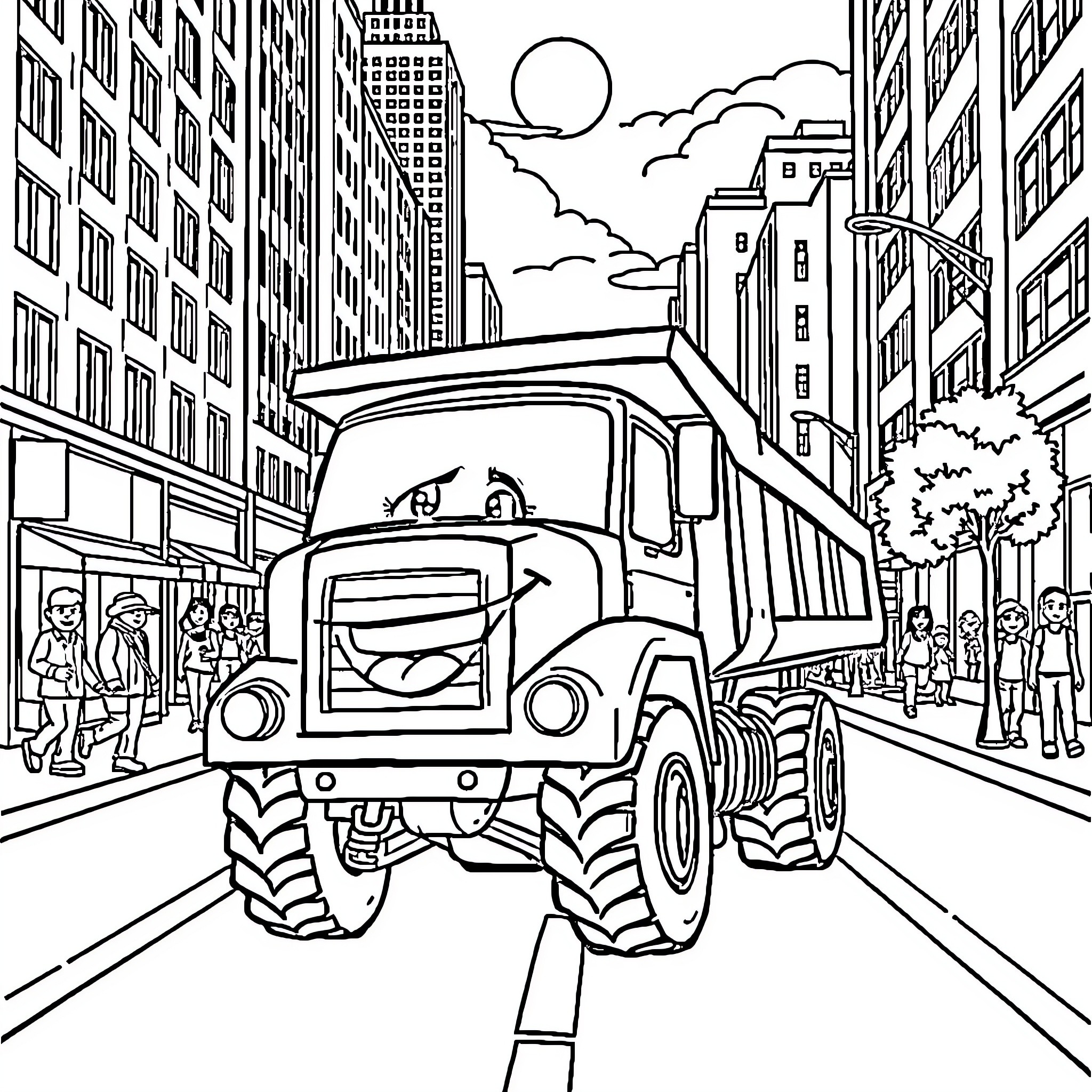 Dump Truck Carrying Loads in the City Coloring Page (free black-and-white line drawing printable PDF for all, from beginners to advanced learners, including children, teens, adults, and seniors)
