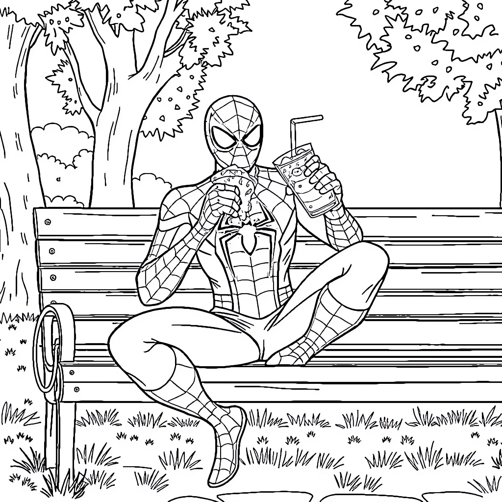 Spiderman resting on a bench in the park Coloring Page (free black-and-white line drawing printable PDF for all, from beginners to advanced learners, including children, teens, adults, and seniors)