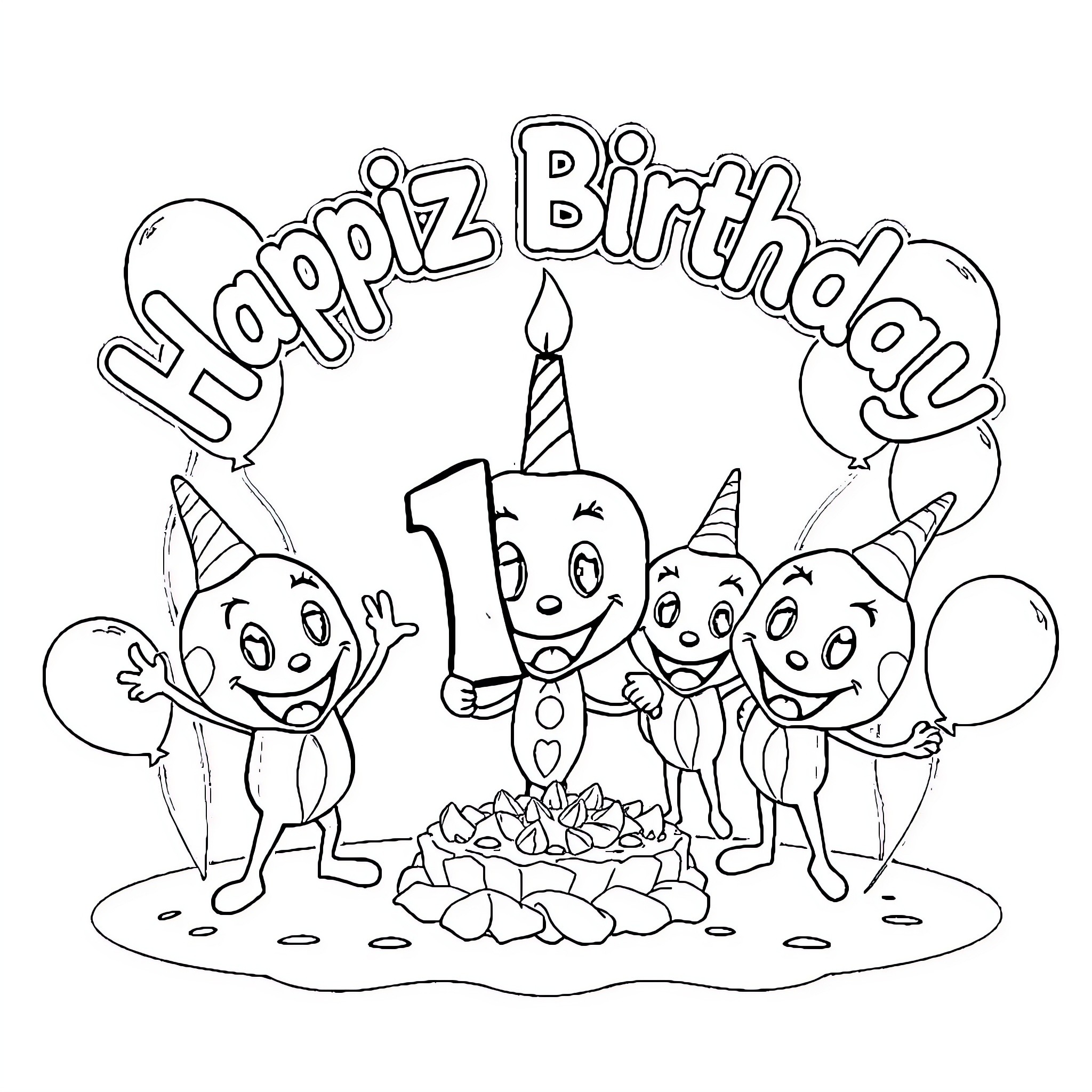 Clown characters celebrating a birthday party Coloring Page (free black-and-white line drawing printable PDF for all, from beginners to advanced learners, including children, teens, adults, and seniors)
