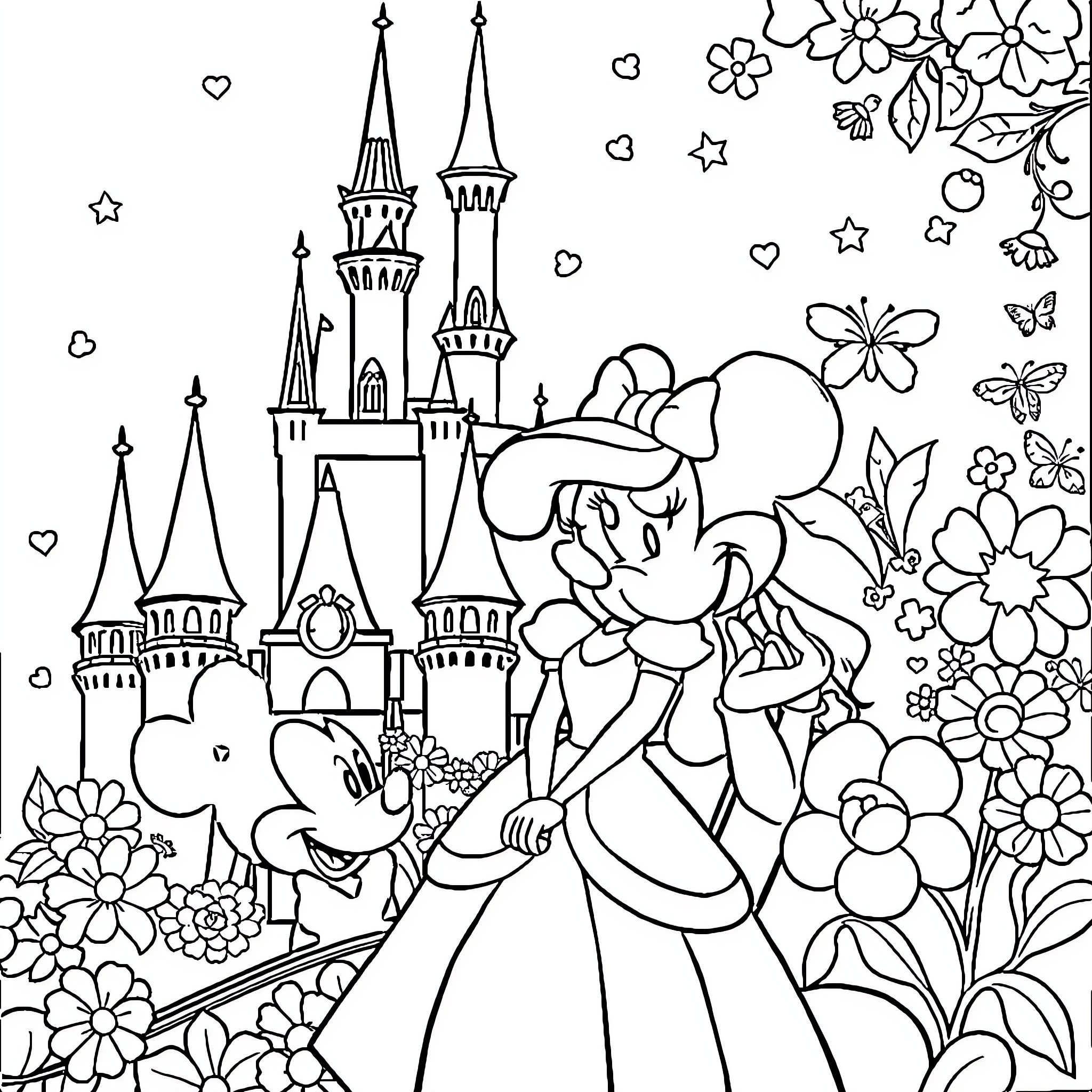 Disney Princess Castle and Floral Landscape Coloring Page (free black-and-white line drawing printable PDF for all, from beginners to advanced learners, including children, teens, adults, and seniors)