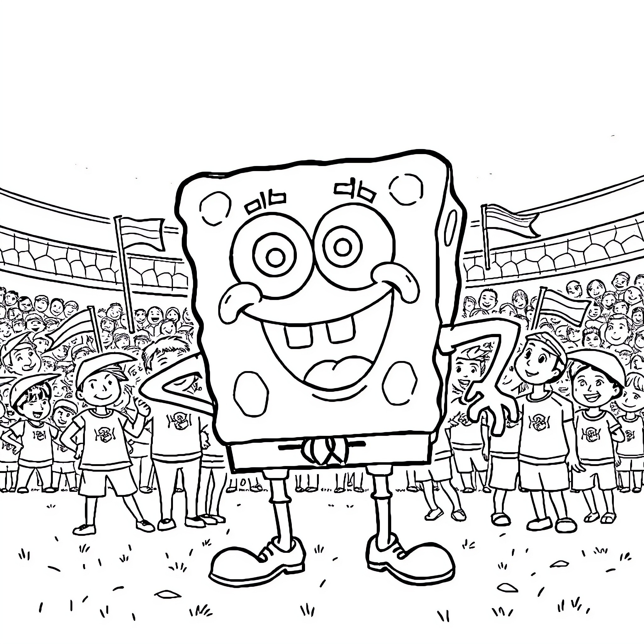 Spongebob celebrating with friends in a stadium Coloring Page (free black-and-white line drawing printable PDF for all, from beginners to advanced learners, including children, teens, adults, and seniors)