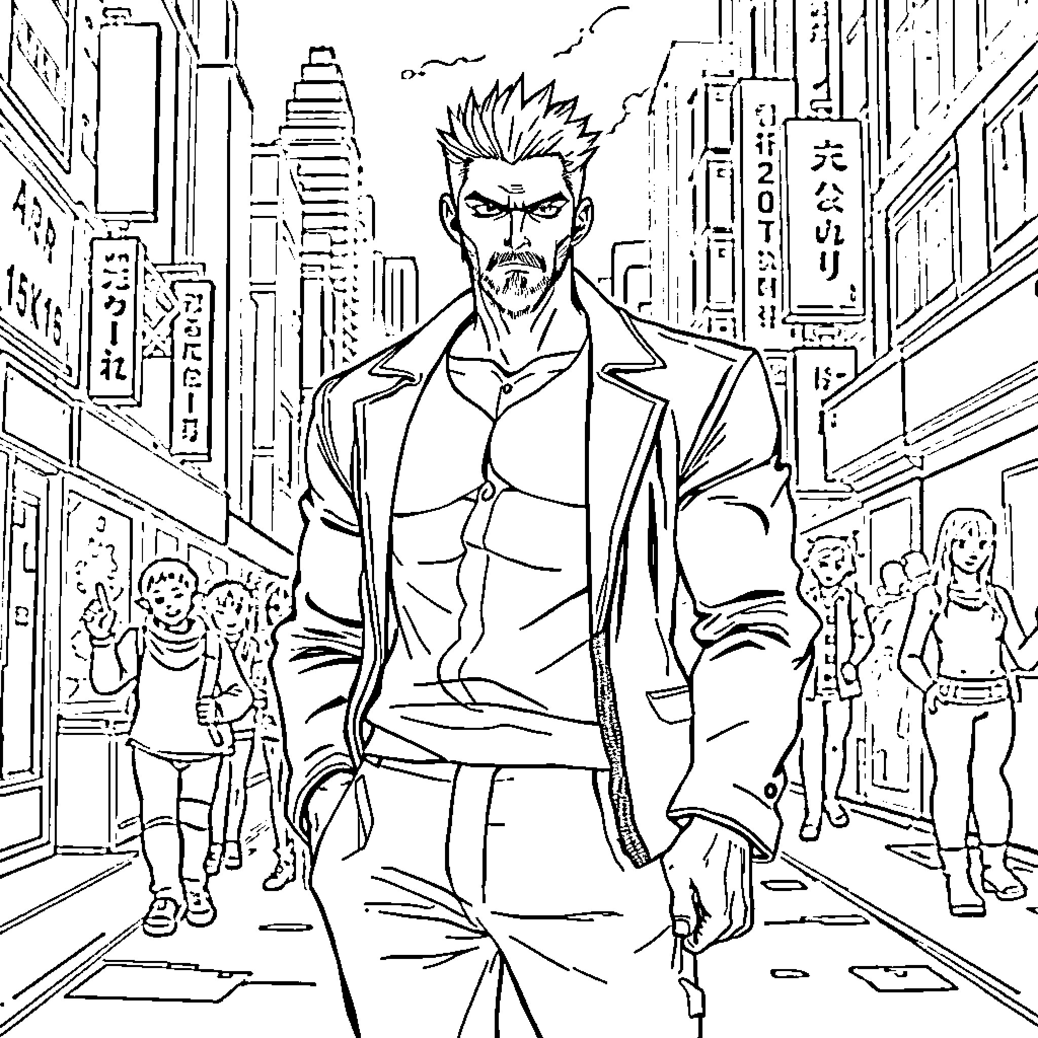 Kiryu Kazuma walks through a crowded city street Coloring Page (free black-and-white line drawing printable PDF for all, from beginners to advanced learners, including children, teens, adults, and seniors)