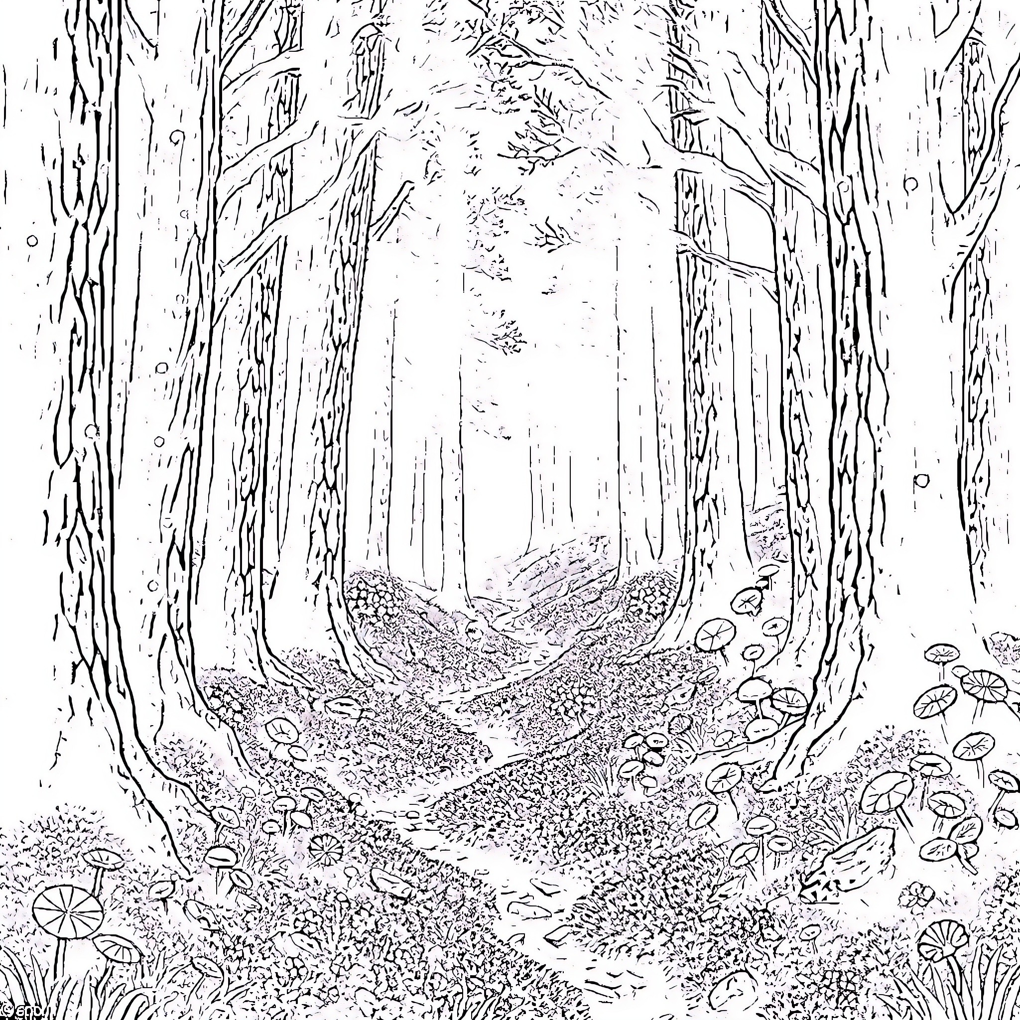 Forest Path Amid Lush Vegetation Coloring Page (free black-and-white line drawing printable PDF for all, from beginners to advanced learners, including children, teens, adults, and seniors)