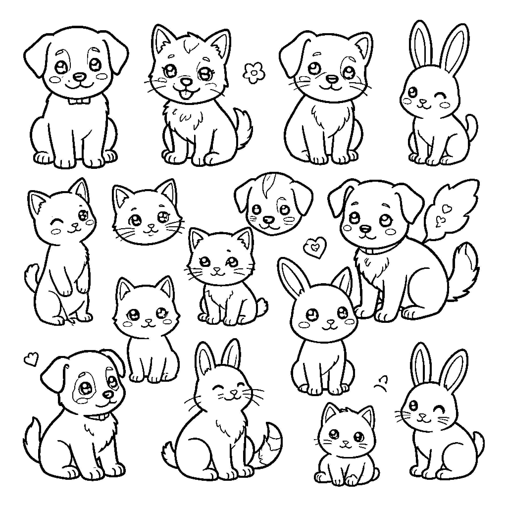 Animal characters displaying various cute expressions and poses Coloring Page (free black-and-white line drawing printable PDF for all, from beginners to advanced learners, including children, teens, adults, and seniors)