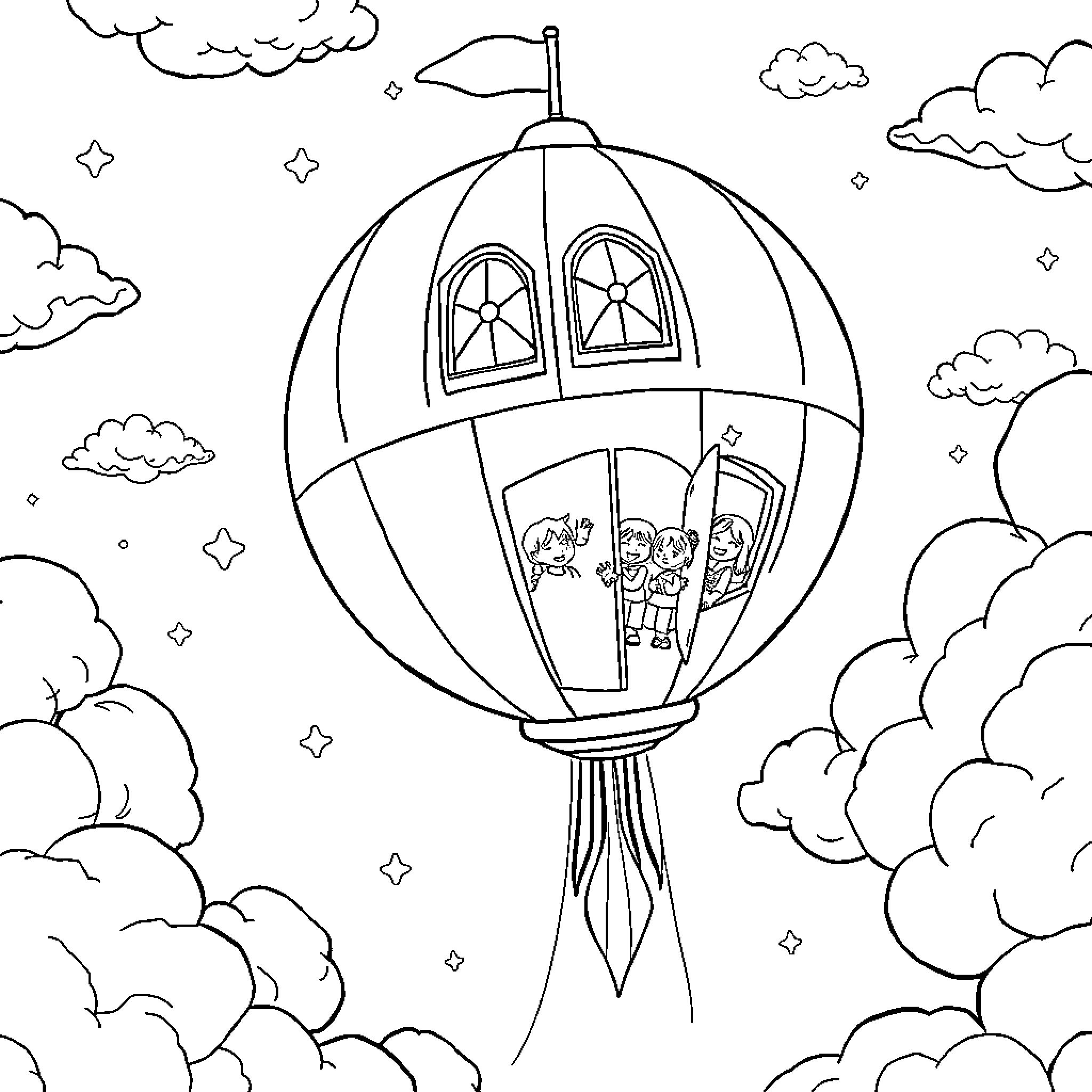 School Excursion in a Whimsical Hot Air Balloon Coloring Page (free black-and-white line drawing printable PDF for all, from beginners to advanced learners, including children, teens, adults, and seniors)