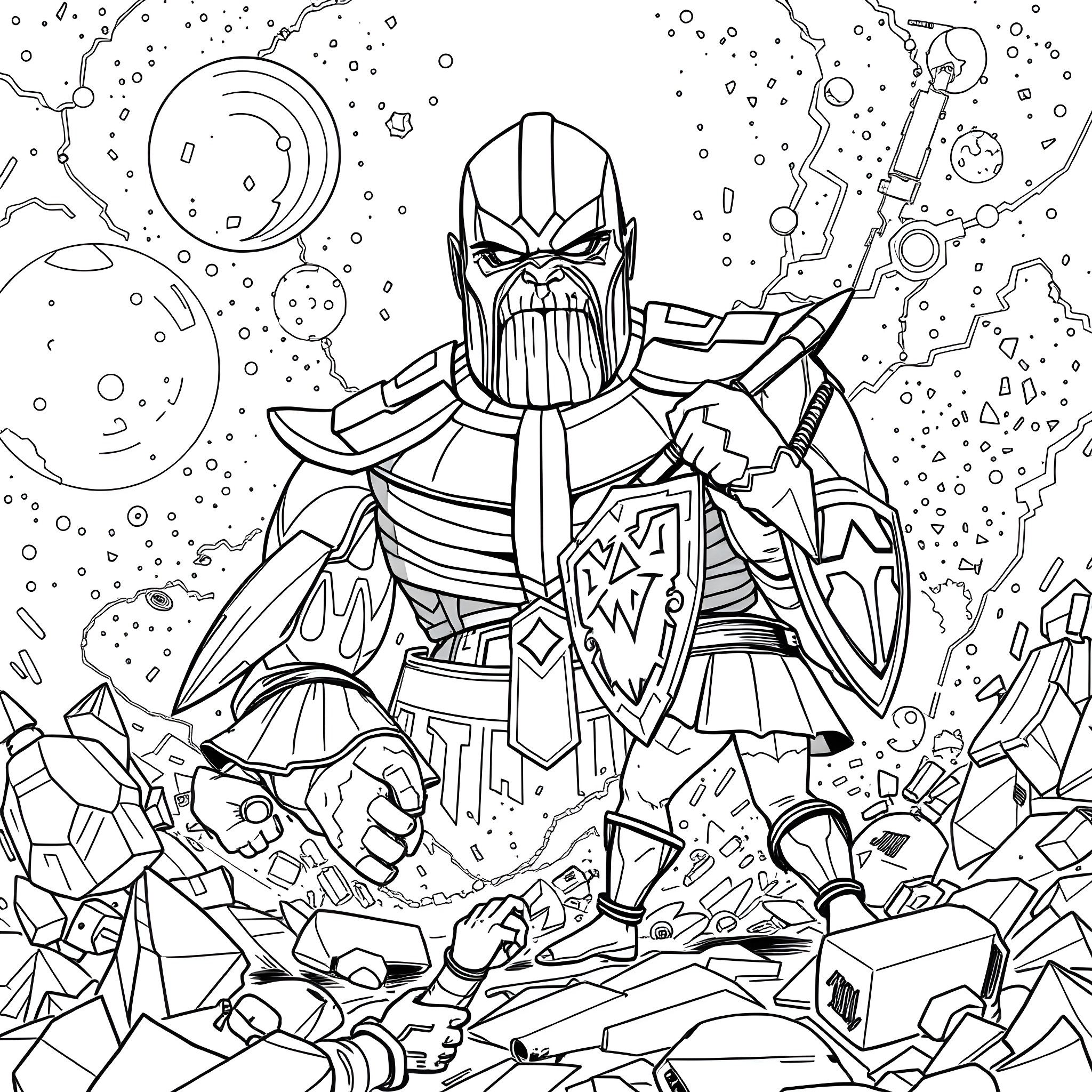 Link to Thanos' Cosmic Destruction Coloring Page (free black-and-white line drawing printable PDF for all, from beginners to advanced learners, including children, teens, adults, and seniors)