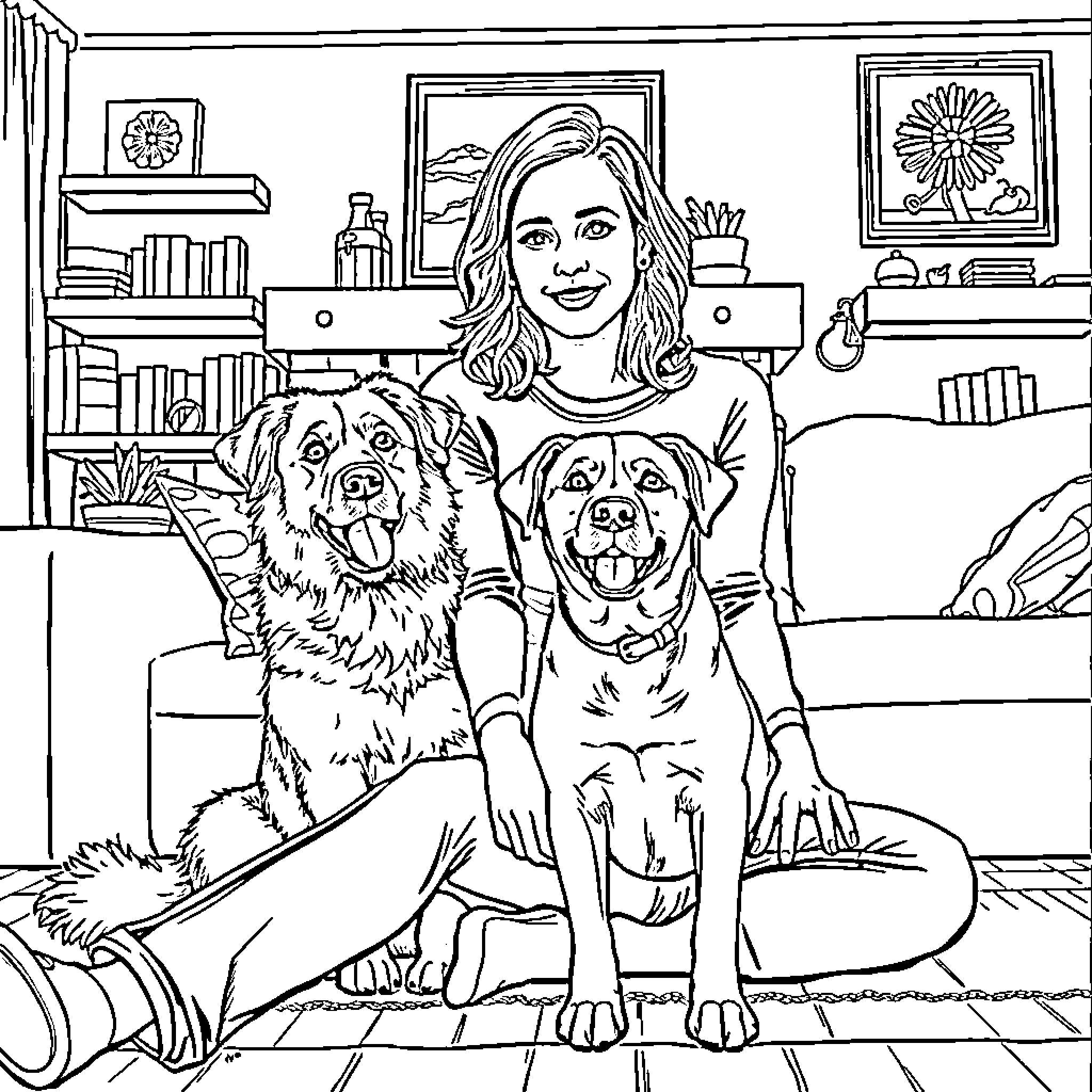 Jennifer Lawrence relaxing with her happy dogs at home Coloring Page (free black-and-white line drawing printable PDF for all, from beginners to advanced learners, including children, teens, adults, and seniors)