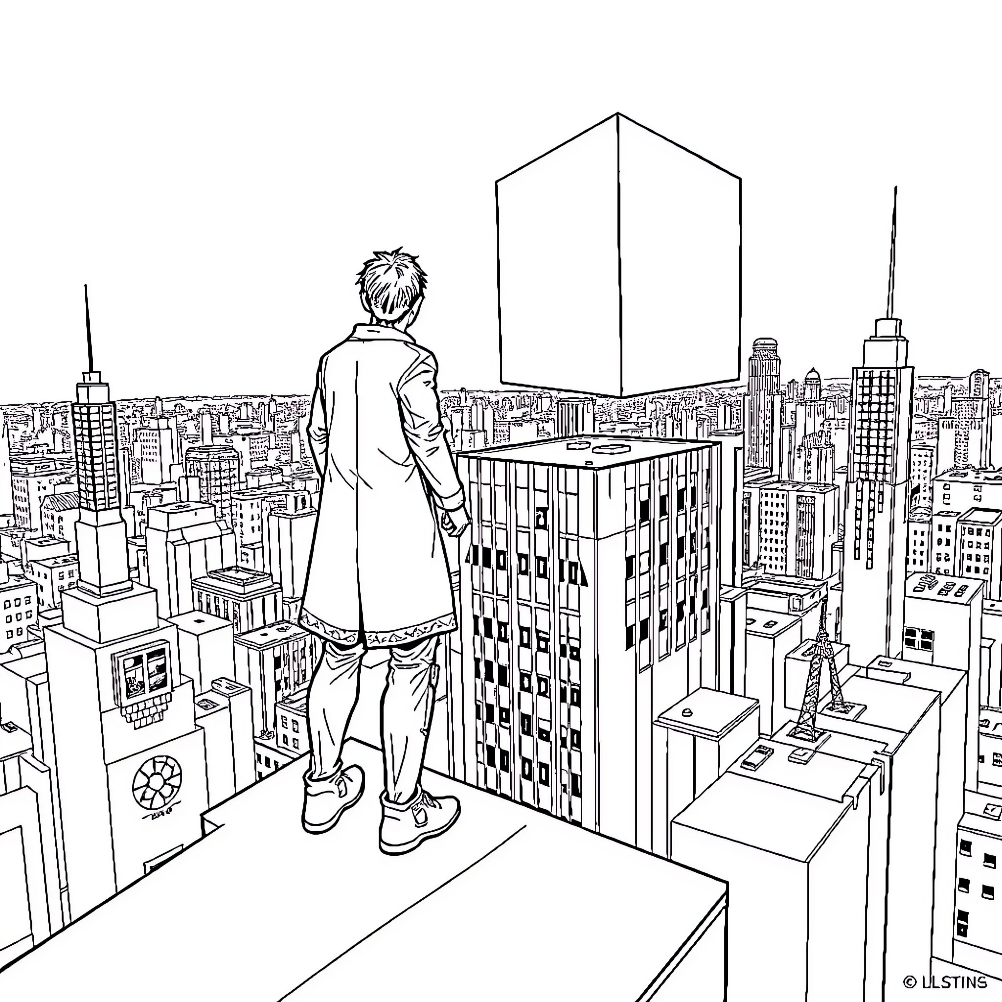 Neo's Perspective of the Towering City Coloring Page (free black-and-white line drawing printable PDF for all, from beginners to advanced learners, including children, teens, adults, and seniors)