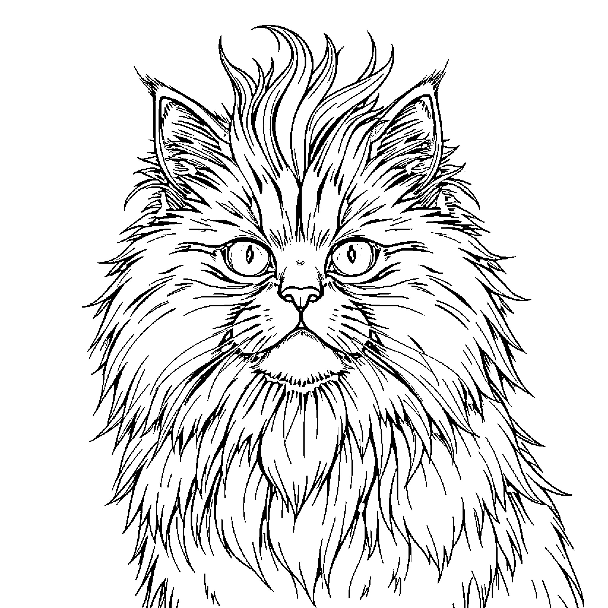 Cat with Fierce Gaze and Flowing Fur Coloring Page (free black-and-white line drawing printable PDF for all, from beginners to advanced learners, including children, teens, adults, and seniors)