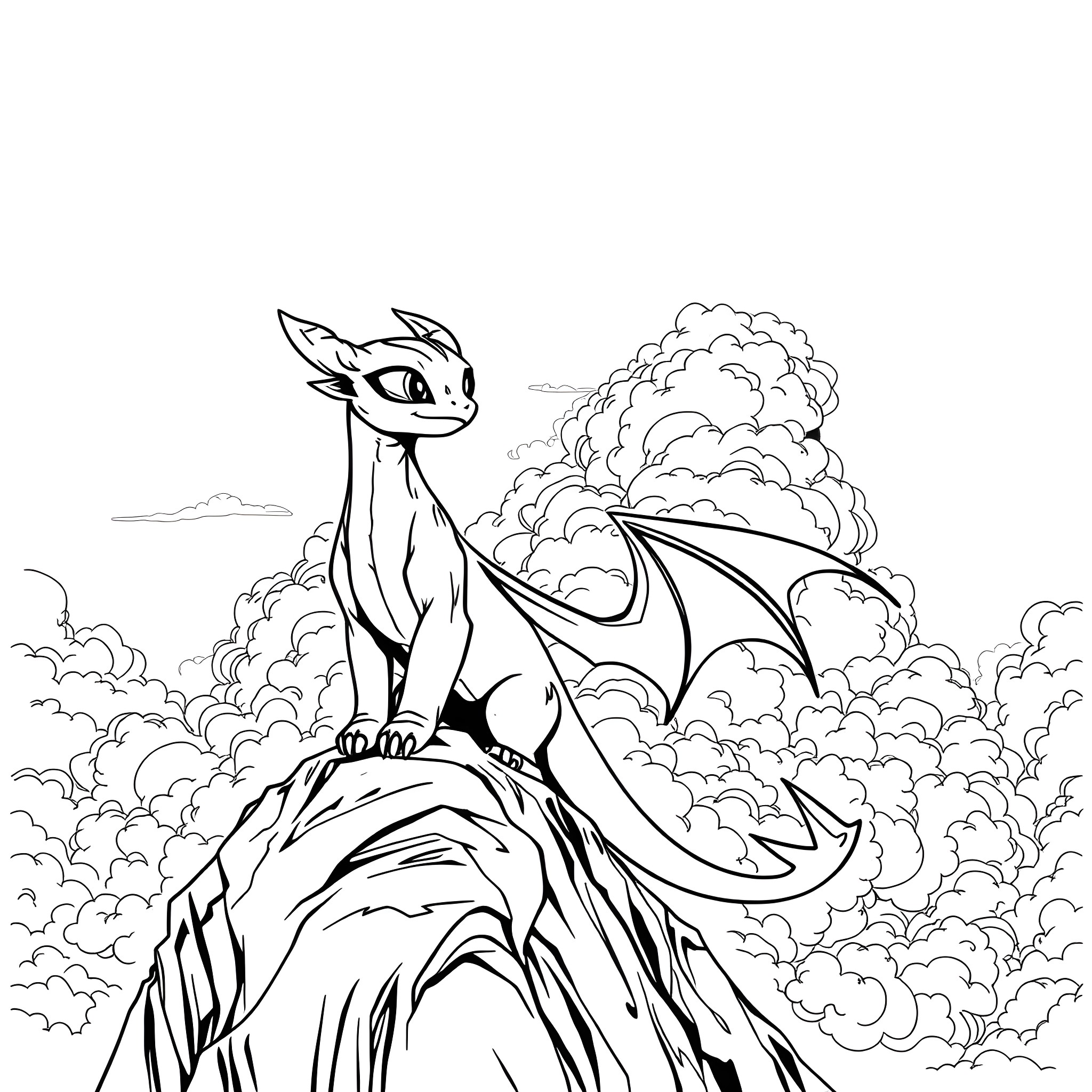 Toothless, the Dragon of Clouds Coloring Page (free black-and-white line drawing printable PDF for all, from beginners to advanced learners, including children, teens, adults, and seniors)