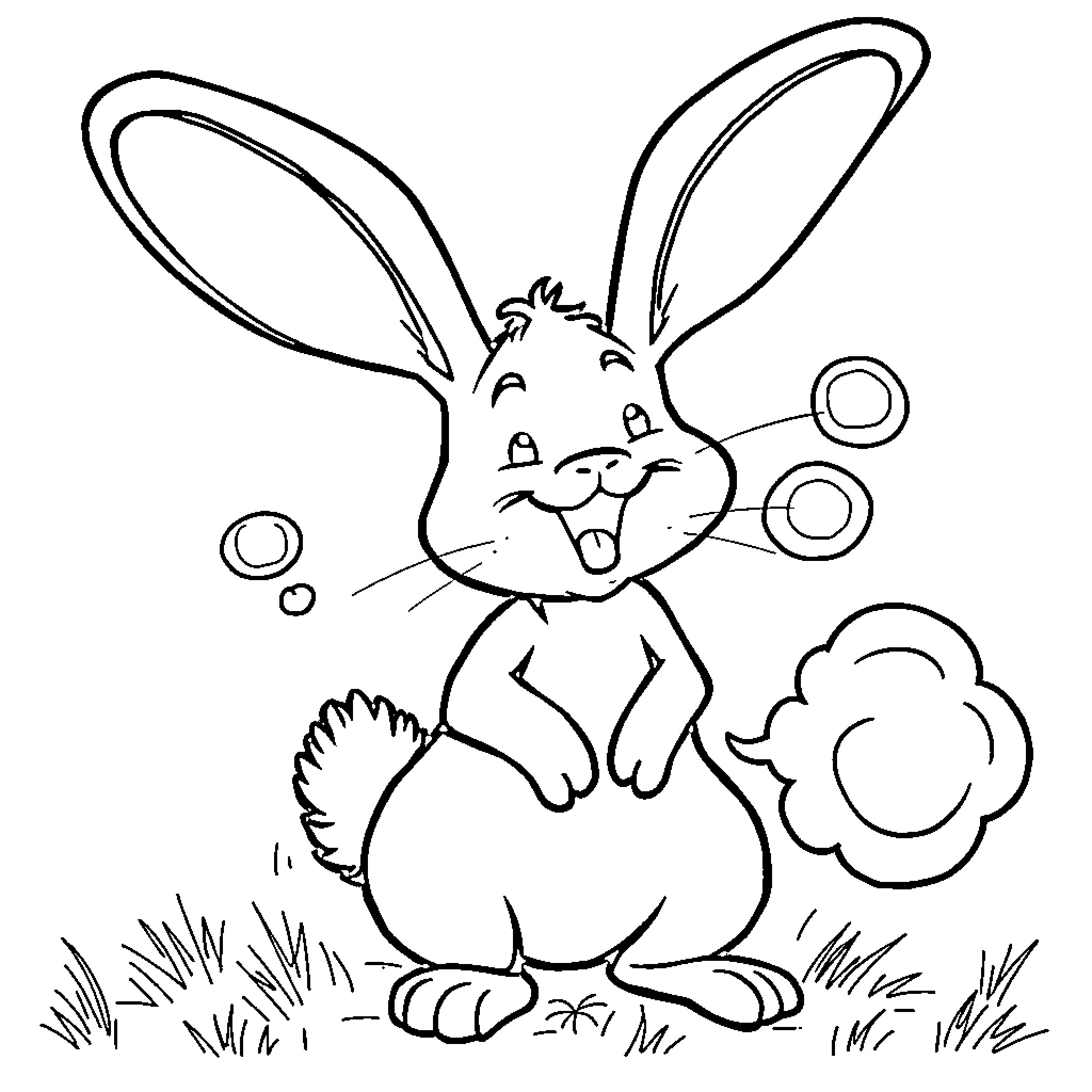 Rabbit enjoying soap bubbles in the garden Coloring Page (free black-and-white line drawing printable PDF for all, from beginners to advanced learners, including children, teens, adults, and seniors)