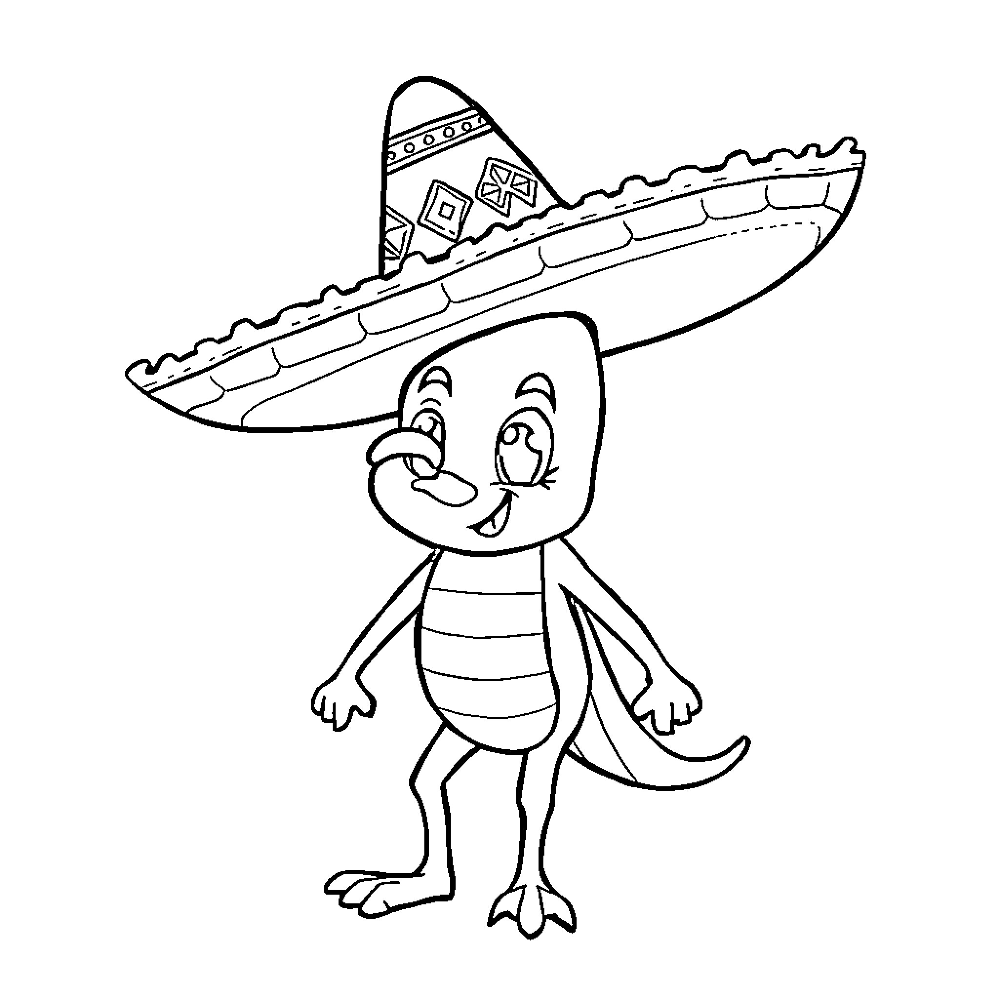 Ajolote wearing a festive sombrero hat Coloring Page (free black-and-white line drawing printable PDF for all, from beginners to advanced learners, including children, teens, adults, and seniors)